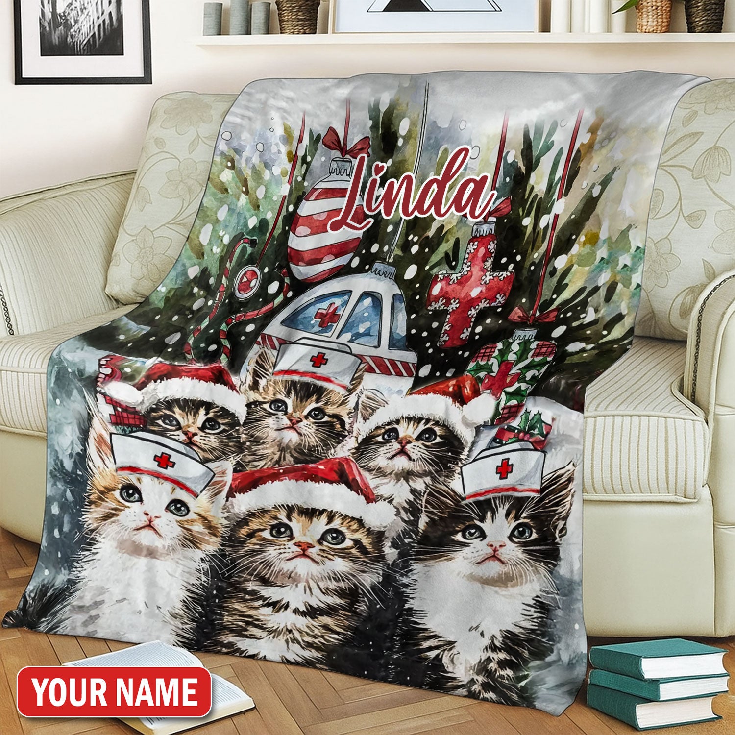 Custom Nurse Cat Blanket, Personalized Christmas Throw Blanket With Name, Cute Kitty Nurse Gift for RNs And Healthcare Workers