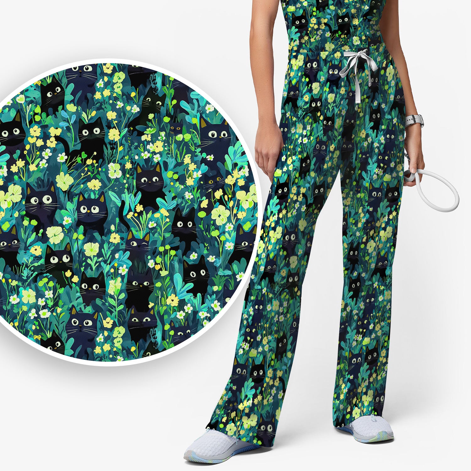 Black Cat Floral Pattern Scrub Set, Scrub Pants and V Neck Top