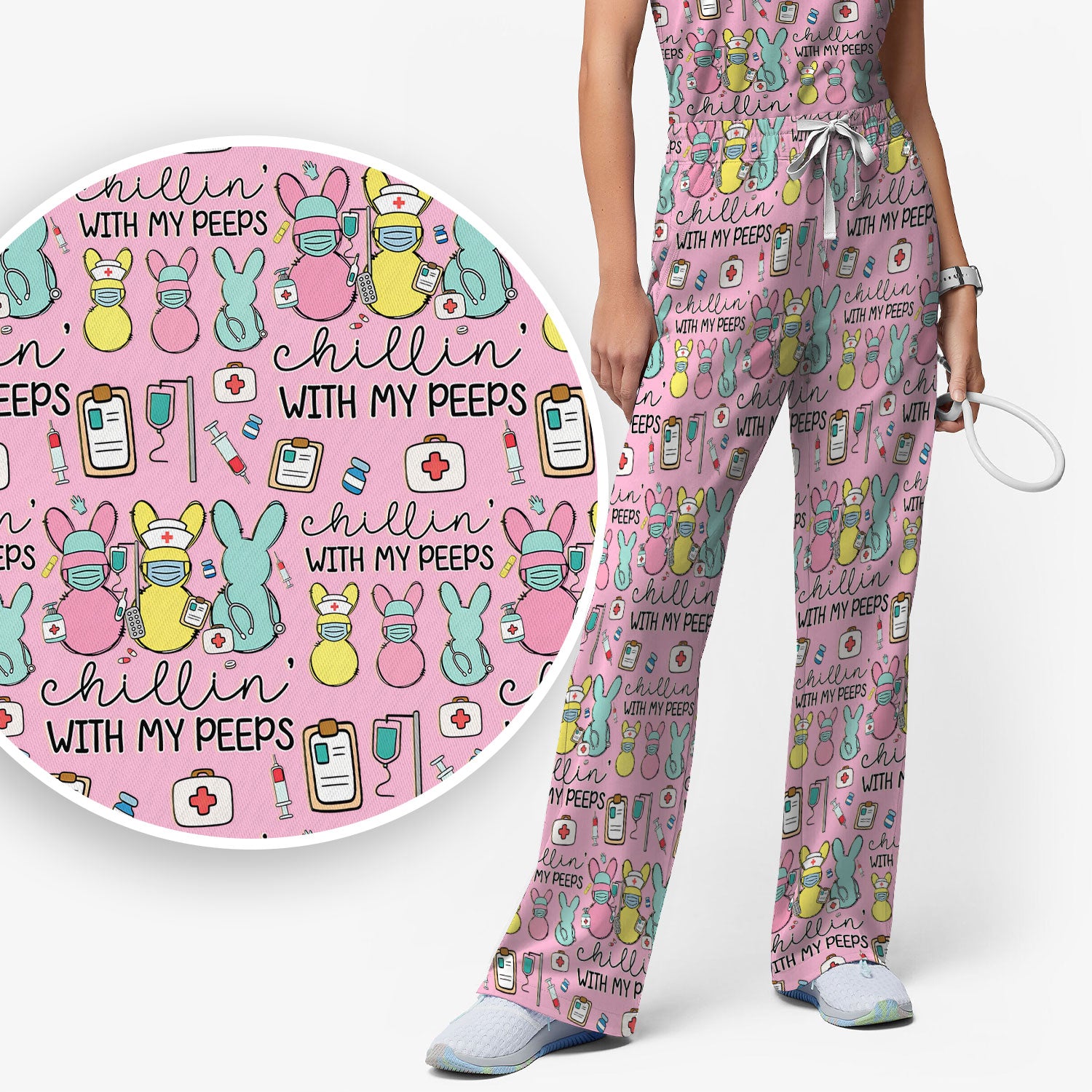 Cute Bunny Nurse Chillin With My Peeps Scrub, Women's Scrub Sets