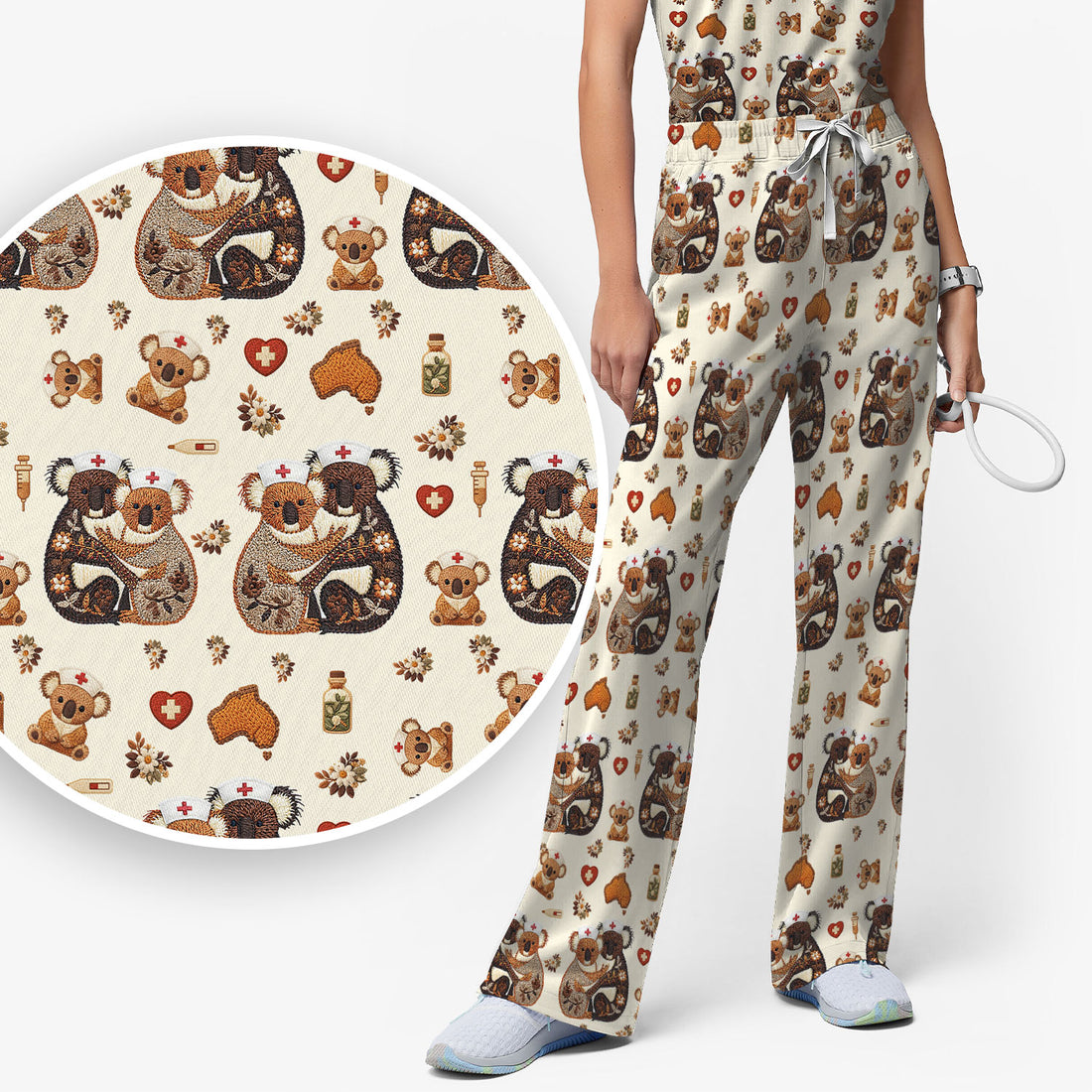 Cute Cartoon Koala Valentine Nurse Design Scrub Set, Breathable Med Uniform