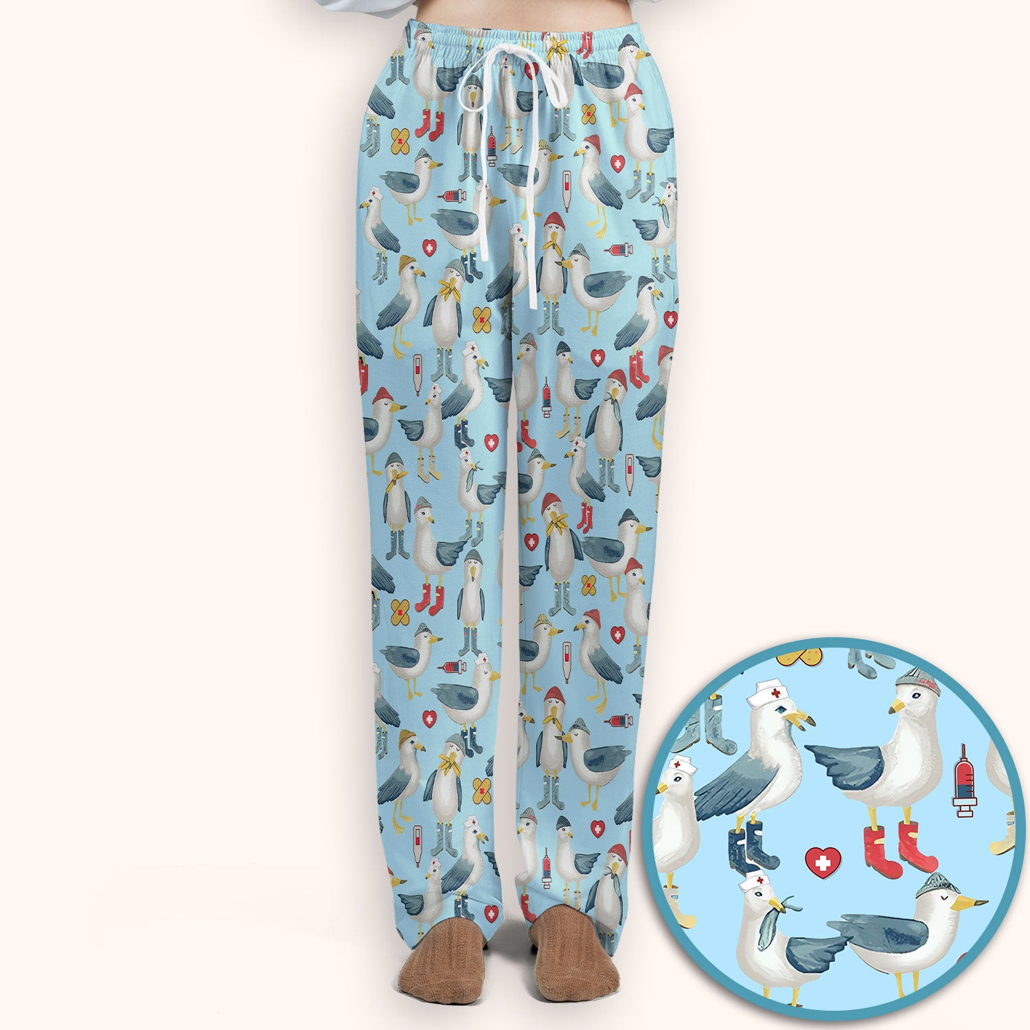 Funny Seagull Nurse Scrub Set - Cute Bird with Medical Icons Scrubs Pants and V Neck Top - Comfortable Scrubs for Women