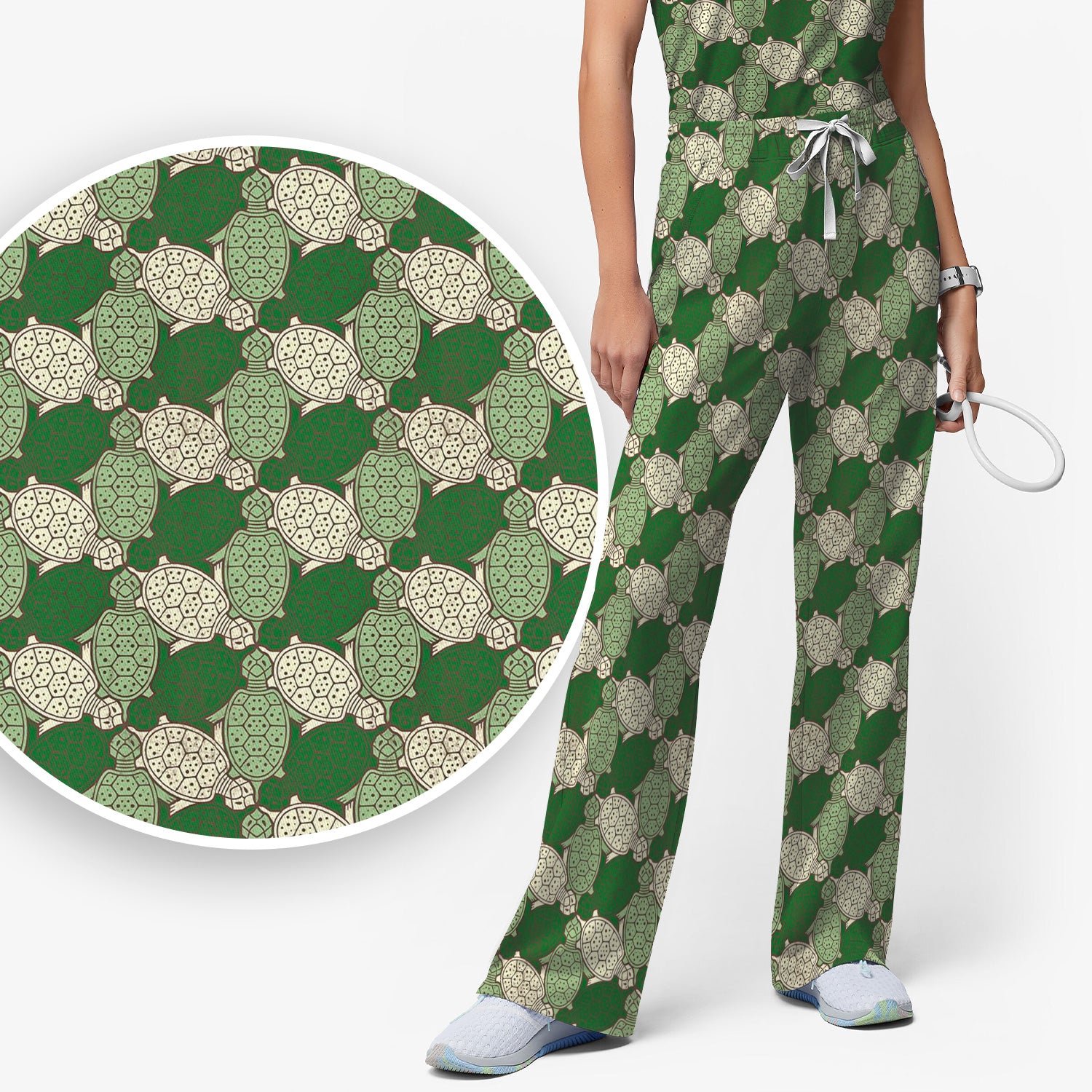 Green Sea Turtle Shell Pattern Scrub Set, Scrub Pants and V Neck Top