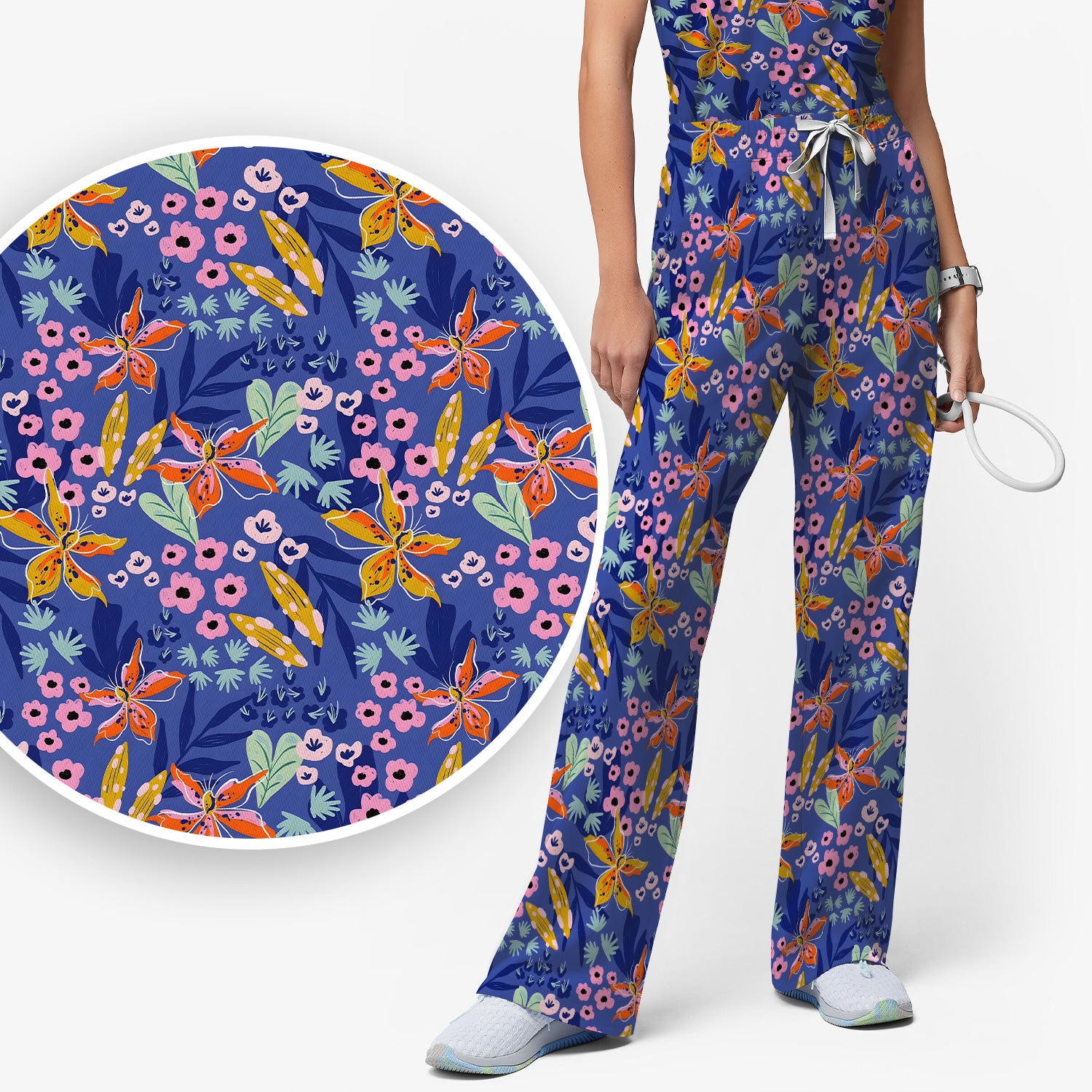 Nurse Blue Lily Floral Garden Pattern Scrub Set, Scrub Pants and V Neck Top