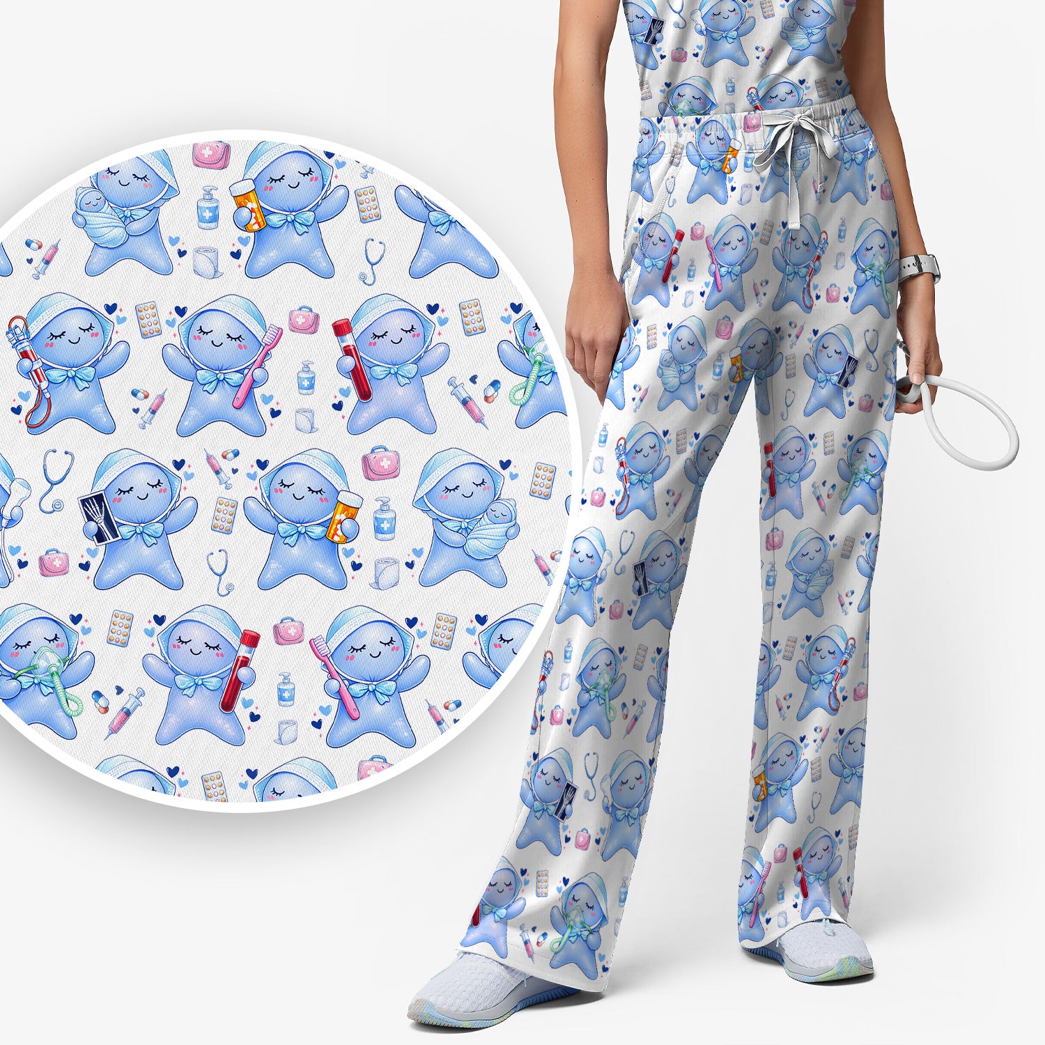 Cute Tooth Character Dental Tools Caring Pattern Scrub Set, Breathable Med Uniform