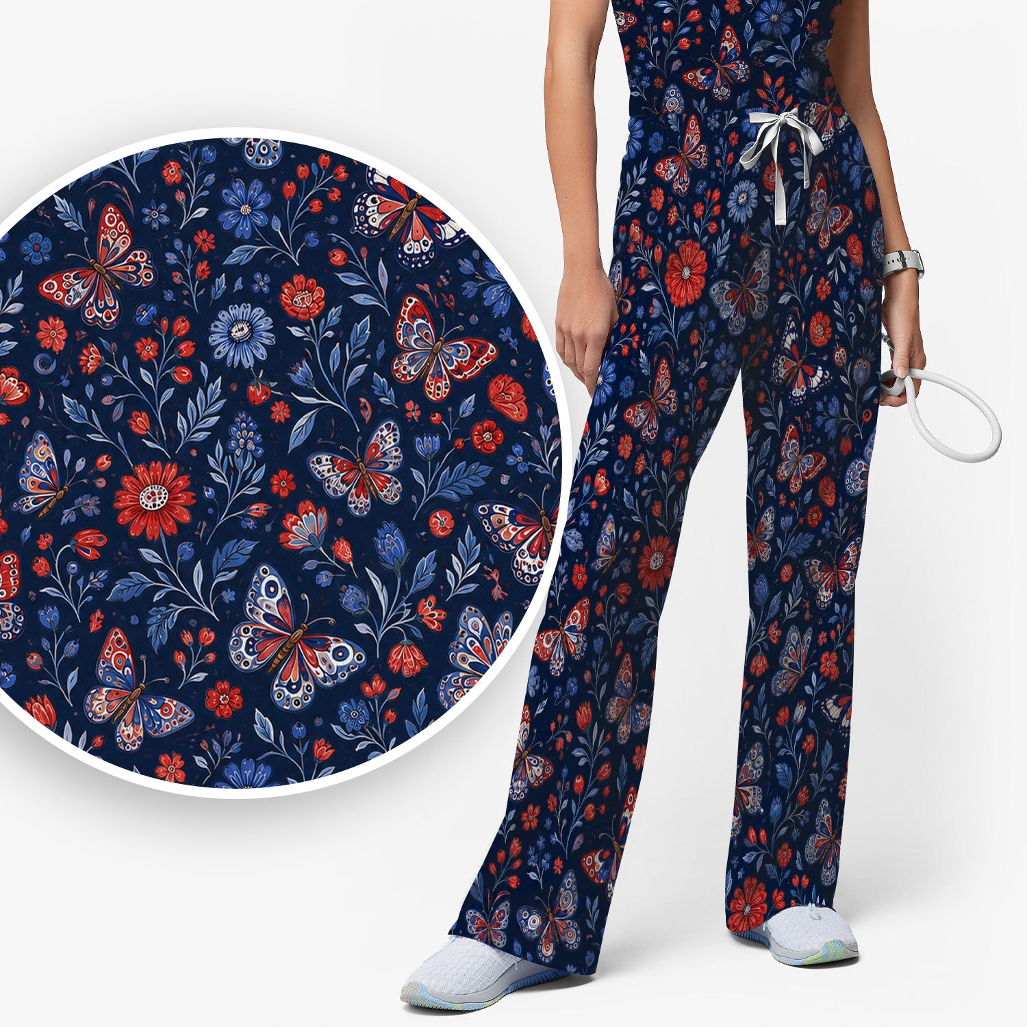 Patriotic Floral Butterfly Pattern Scrub Set, Scrub Pants and V Neck Top