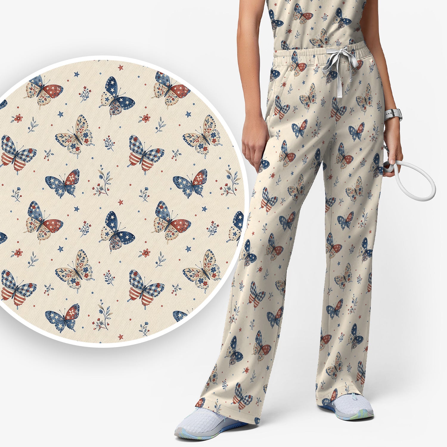 Fourth Of July Butterfly Print Scrub Set, Scrub Pants and V Neck Top