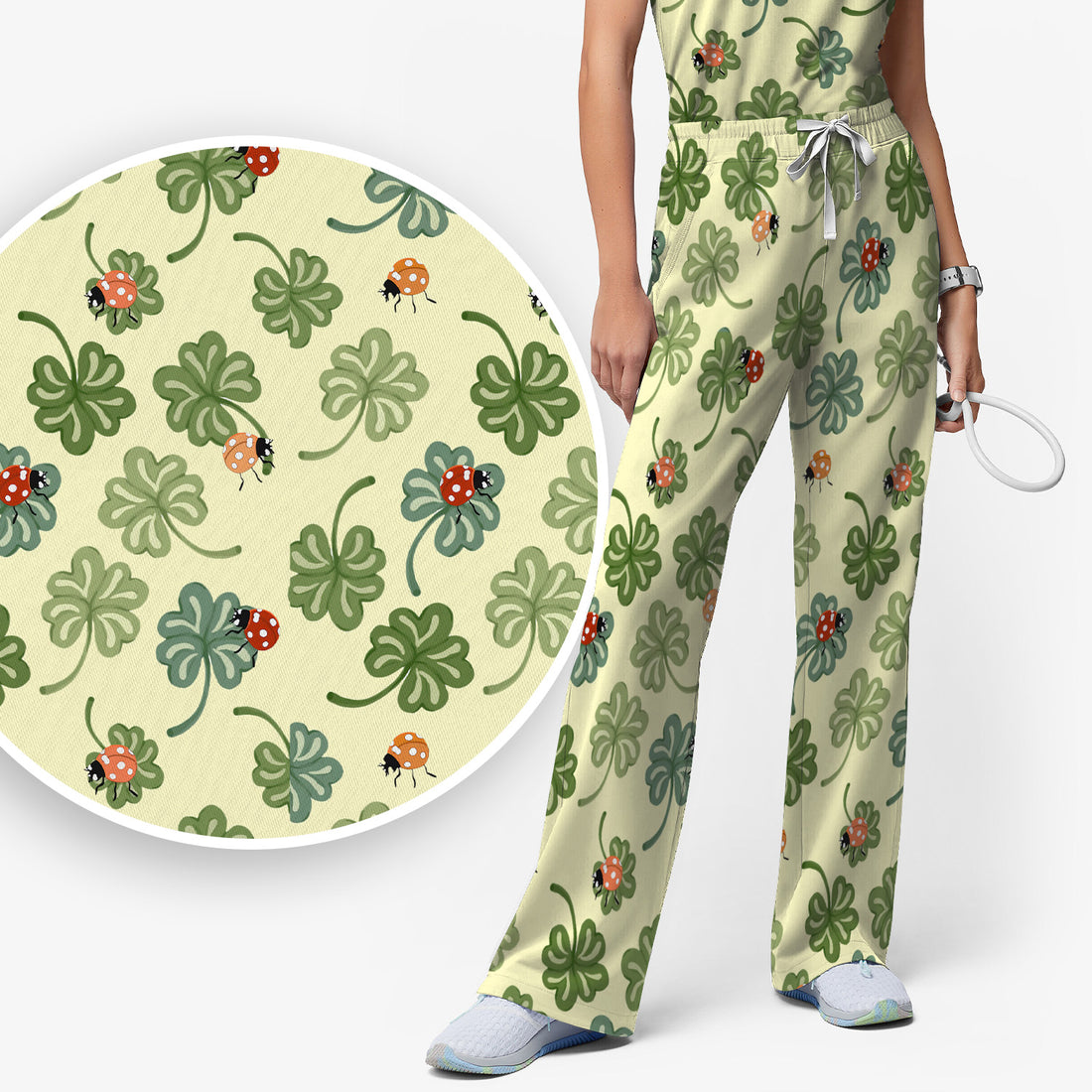 Scrub Set Clover and Ladybug Lucky Garden Pattern Scrubs Sets, Scrub Pants and V Neck Top