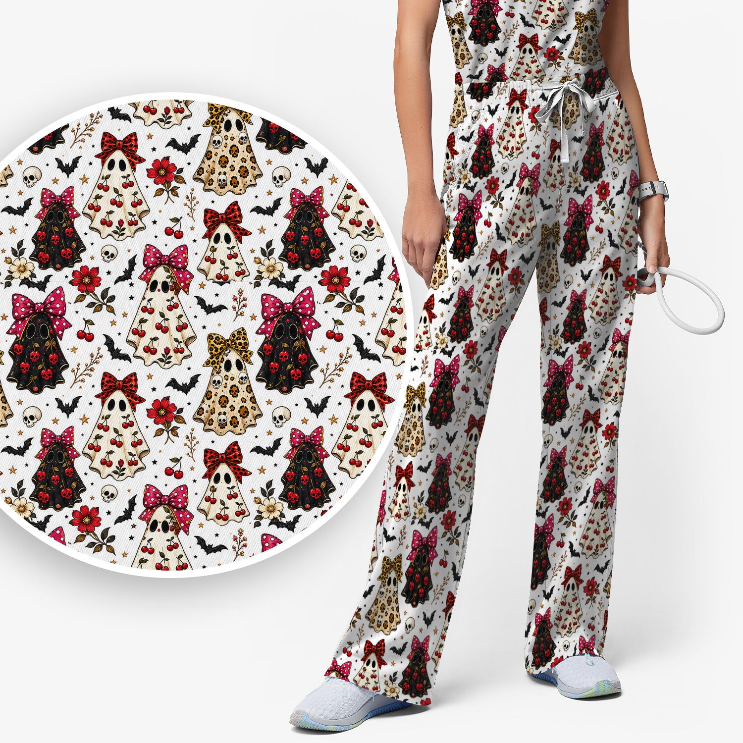Spooky Halloween Ghost Pattern Scrub Set, Scrub Pants and V Neck Top