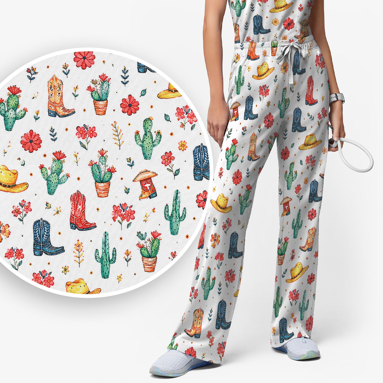 Whimsical Western Cactus Boots Pattern Scrub Set, Scrub Pants and V Neck Top
