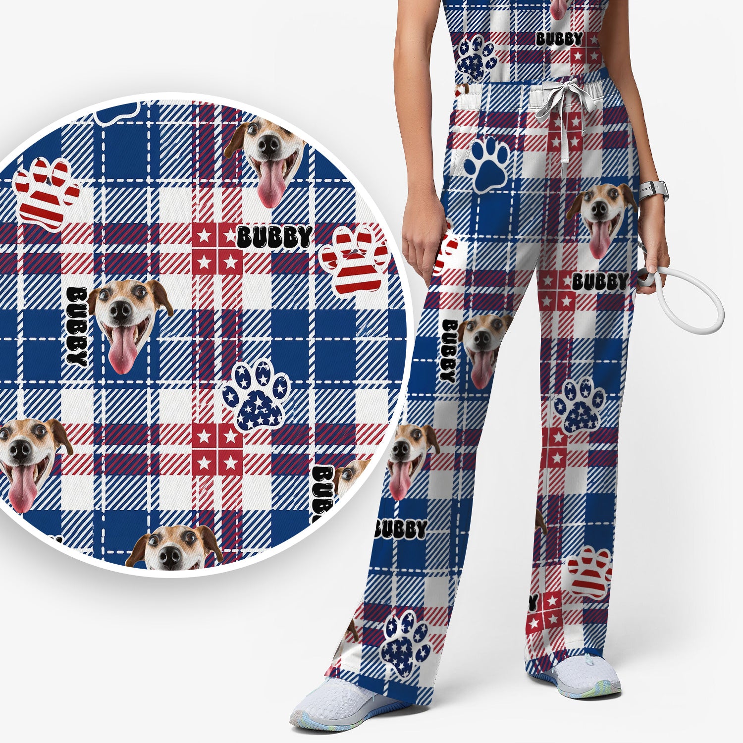 Custom Dog Face Scrub Set, Patriotic Dog Plaid Pattern Shirt, Scrub Pants and V Neck Top