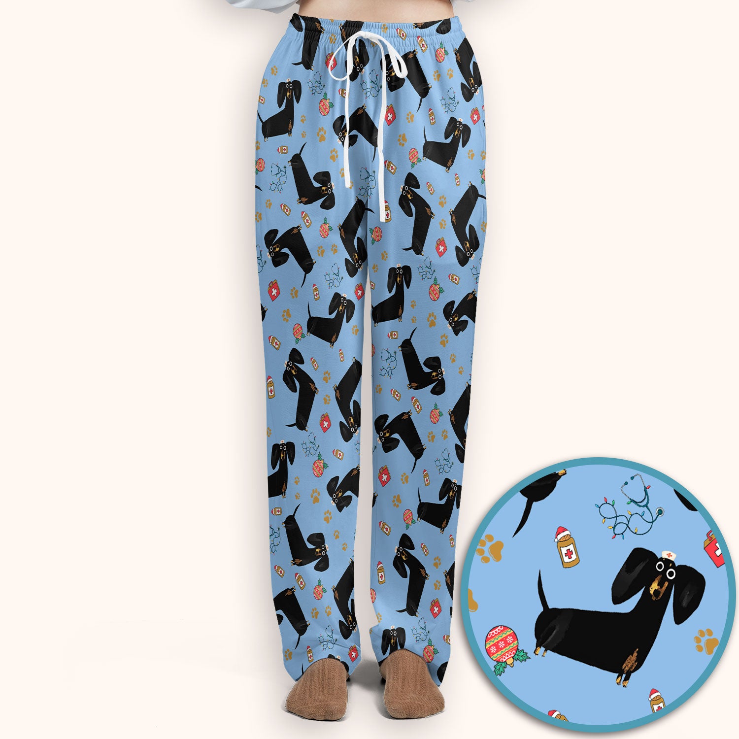 Funny Black Dachshund Scrub Set for Nurses - Cute Wiener Dog Scrubs Pants and V Neck Top - Puppy Lover Nursing Gift for Women