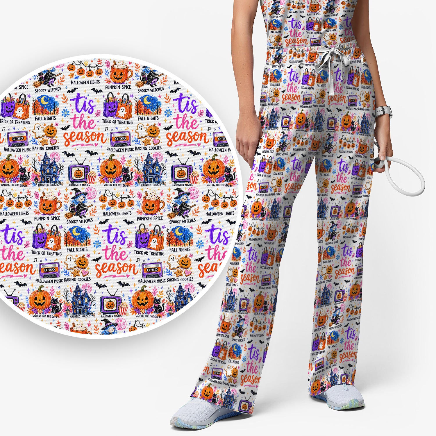 Pumpkin Ghost Spooky Season Print Scrub Set, Scrub Pants and V Neck Top