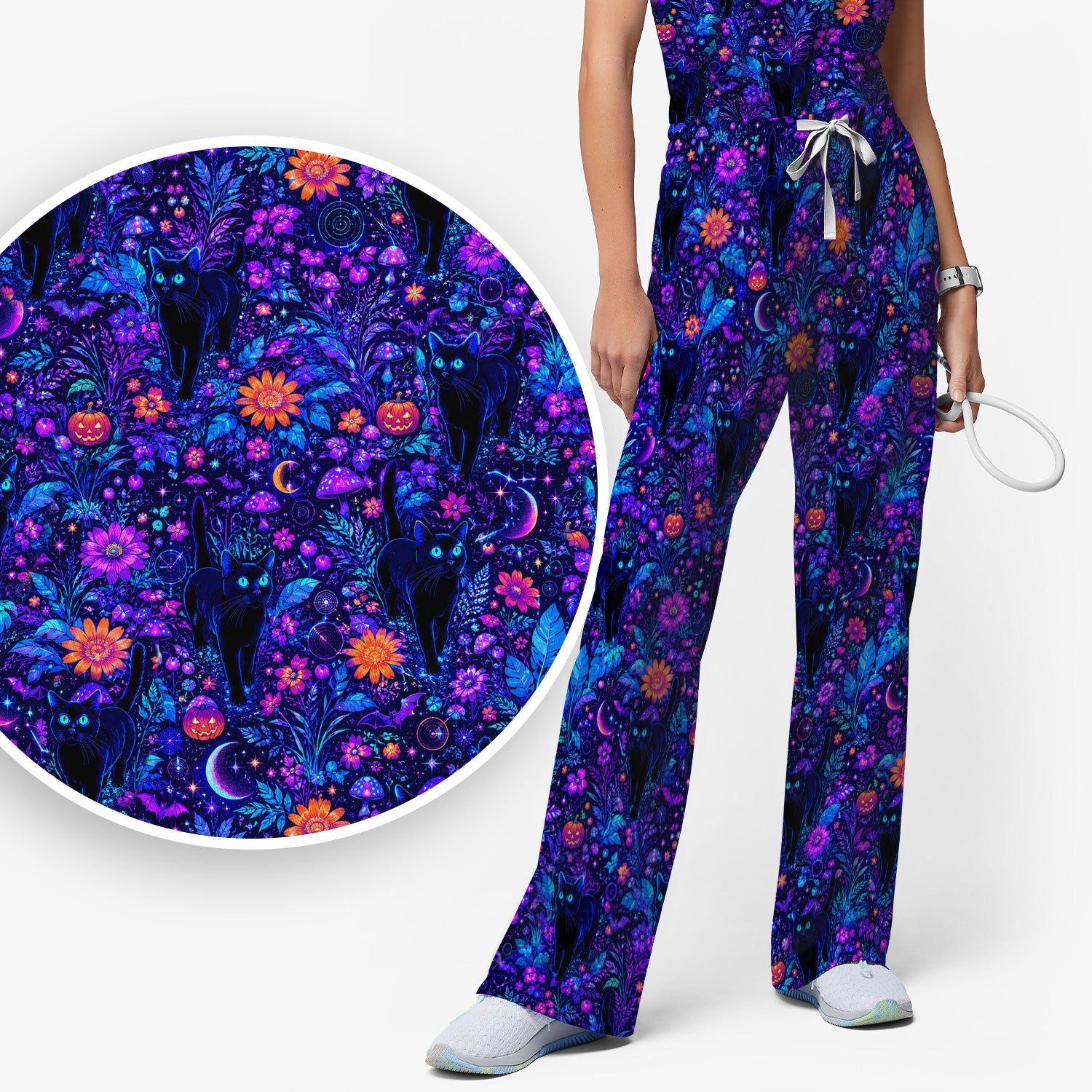 Halloween Black Cat Floral Print Scrub Set, Scrub Pants and V Neck Top