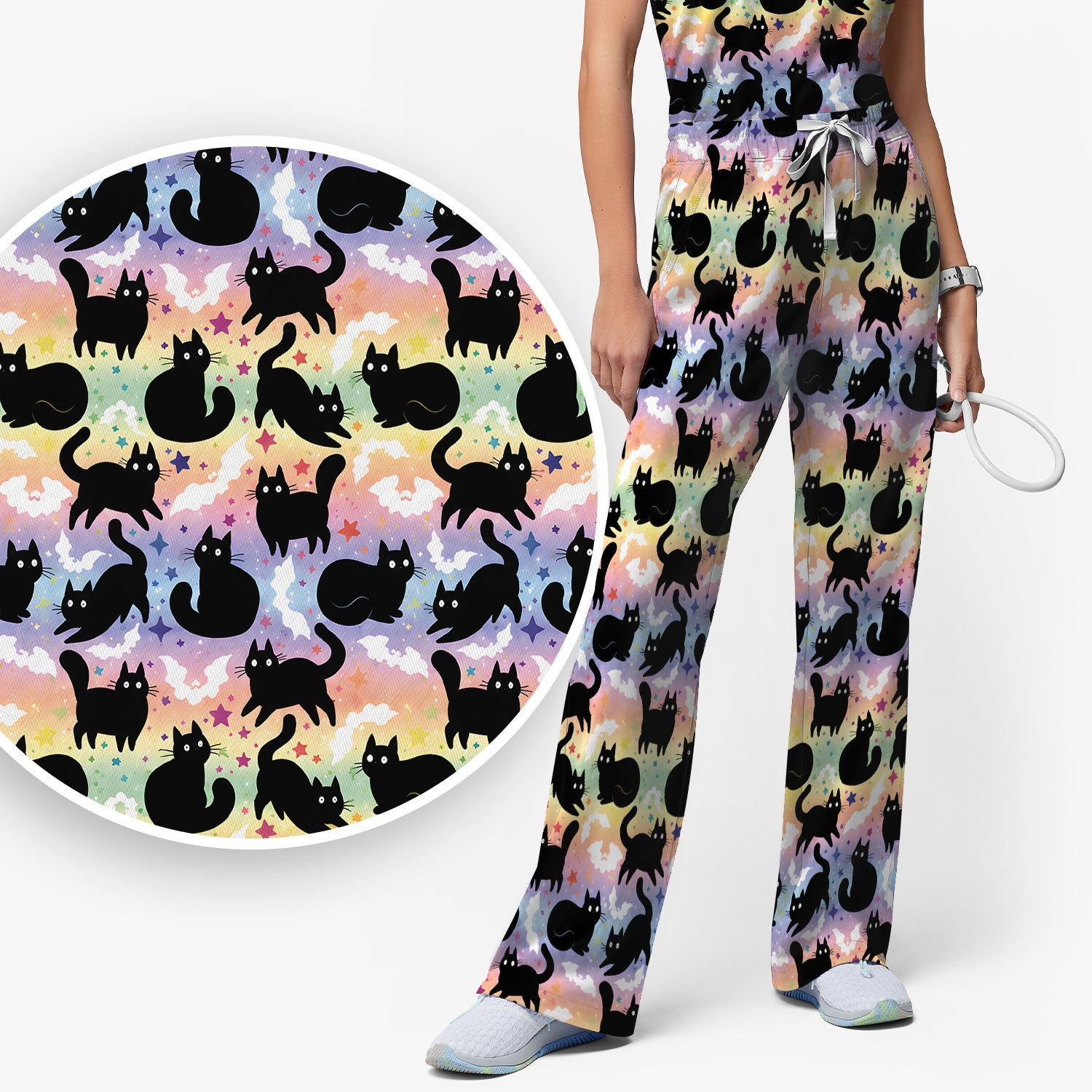 Pastel Star Black Cat Pattern Scrub Set, Scrub Pants and V Neck Top