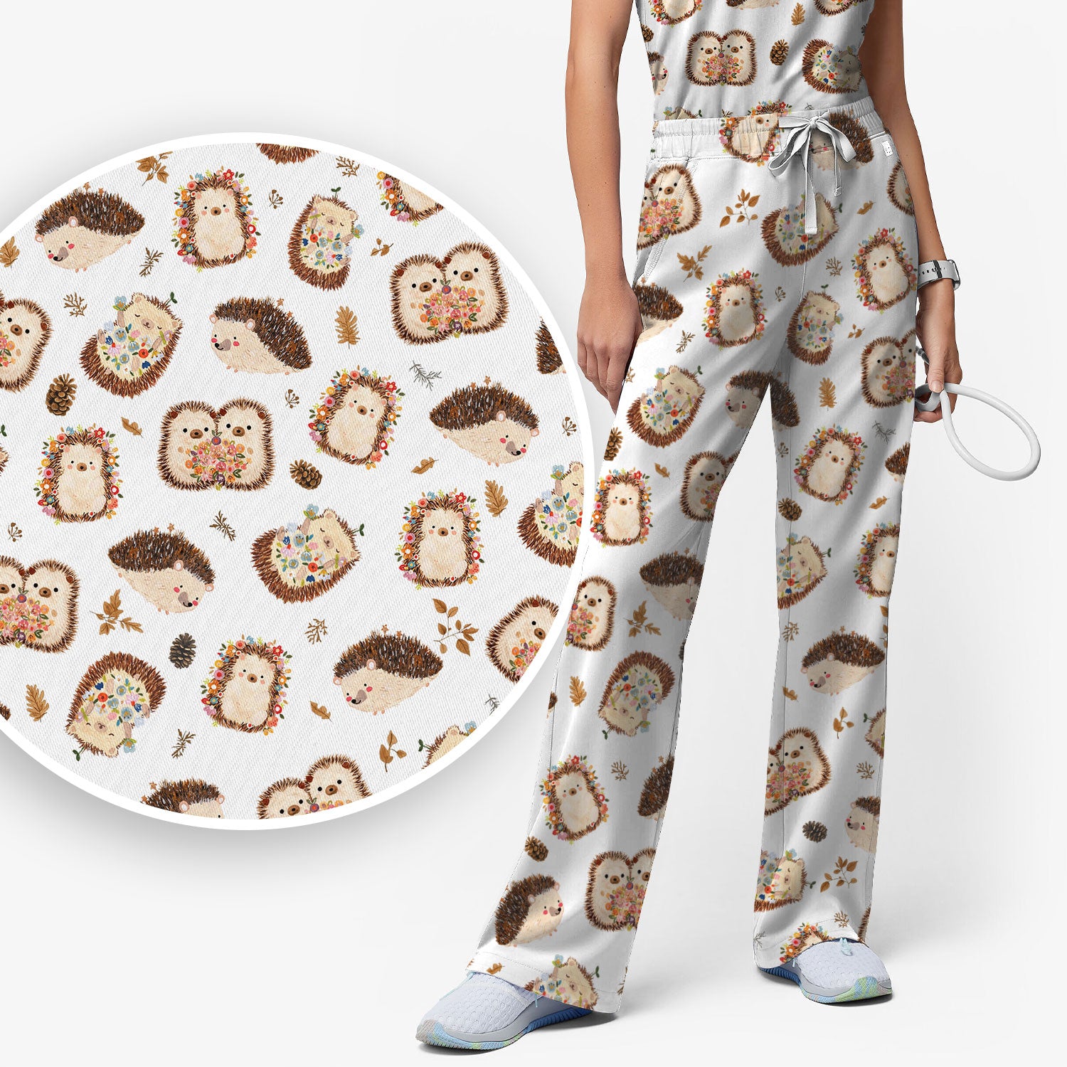 Cute Hedgehog Floral Scrub Set, Breathable Med Uniform