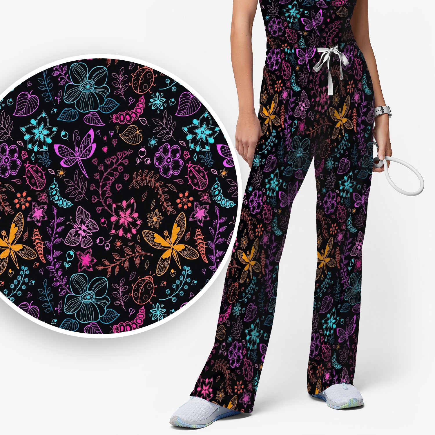 Neon Butterfly and Floral Garden Pattern Scrub Set, Scrub Pants and V Neck Top