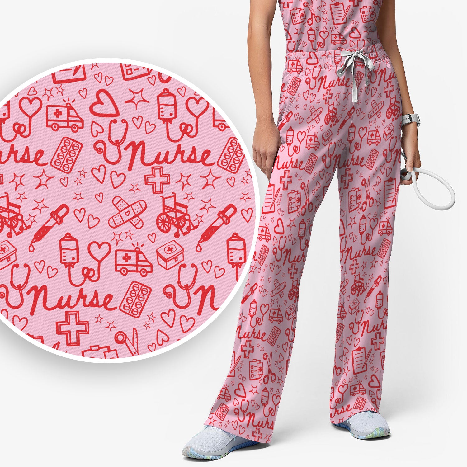 Cute Nurse Heart Medical Pattern Scrub Set, Breathable Med Uniform