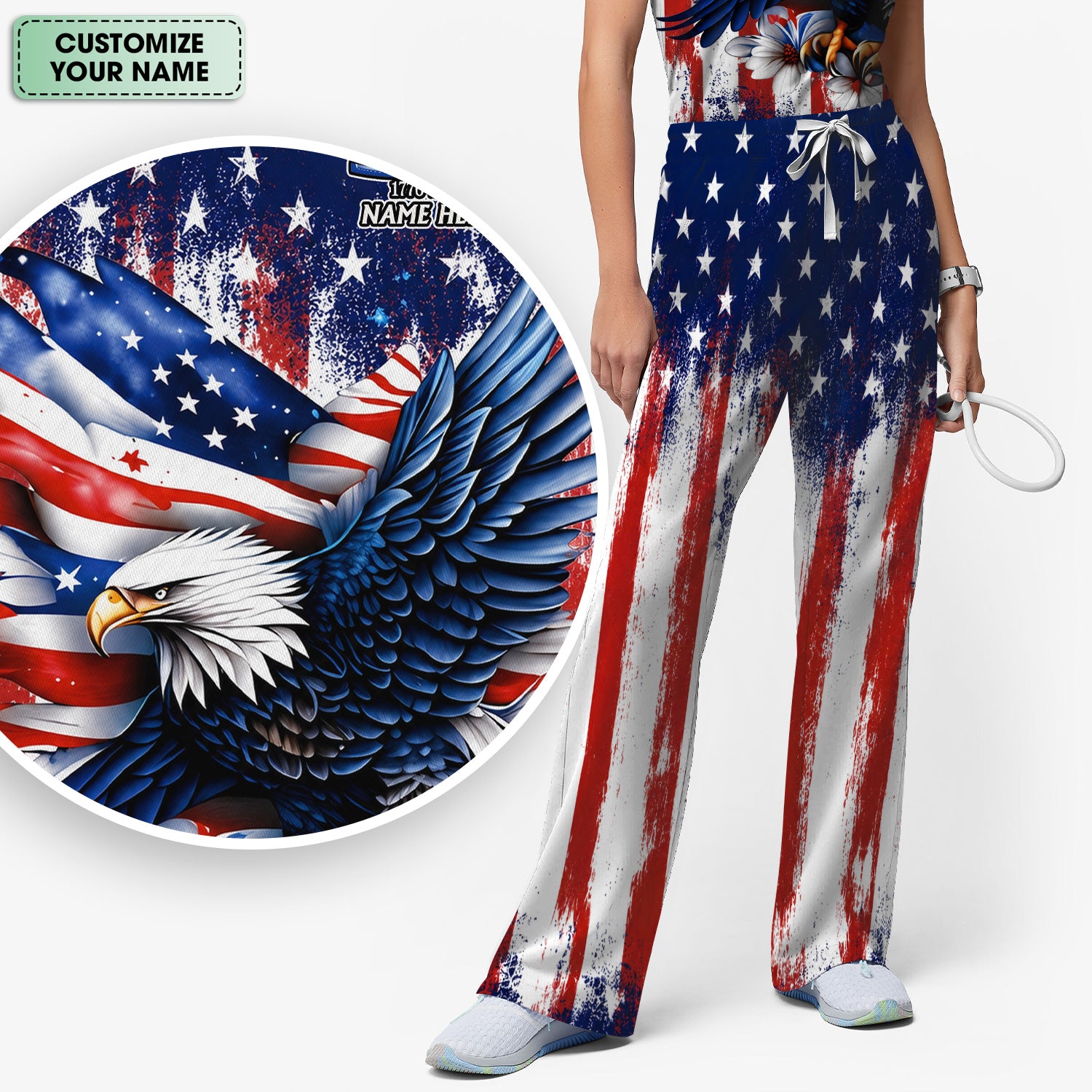 Personalized Patriotic Eagle Flag Pattern Scrub Set, Scrub Pants and V Neck Top