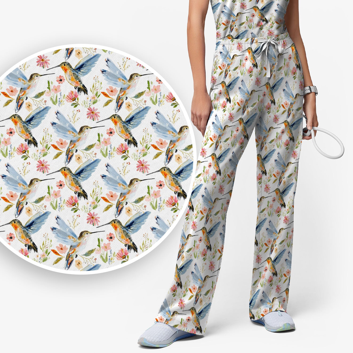 Watercolor Hummingbird Floral Pattern Scrub Set, Scrub Pants and V Neck Top
