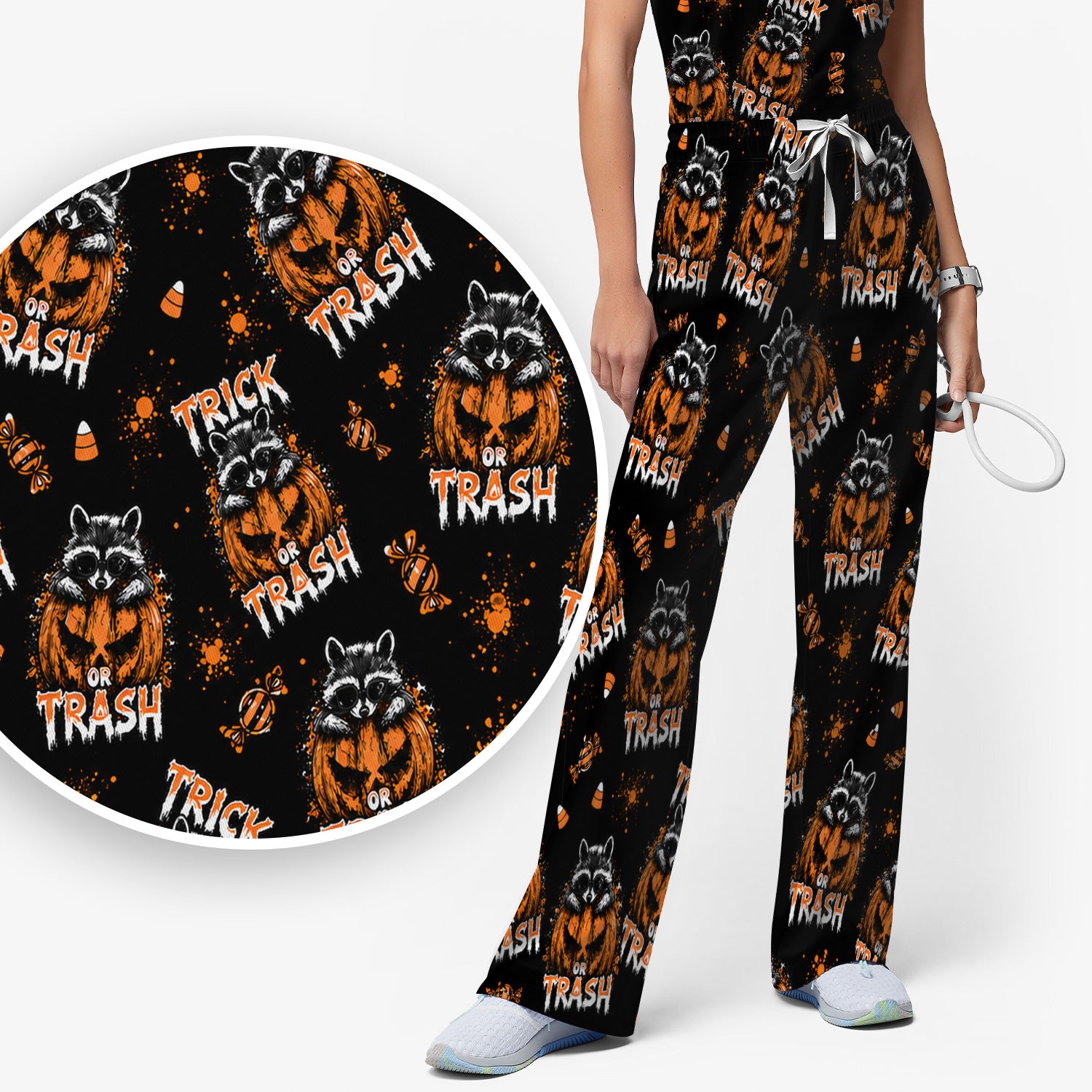 Funny Halloween Trick Or Trash Raccoon Scrub Set, Scrub Pants and V Neck Top