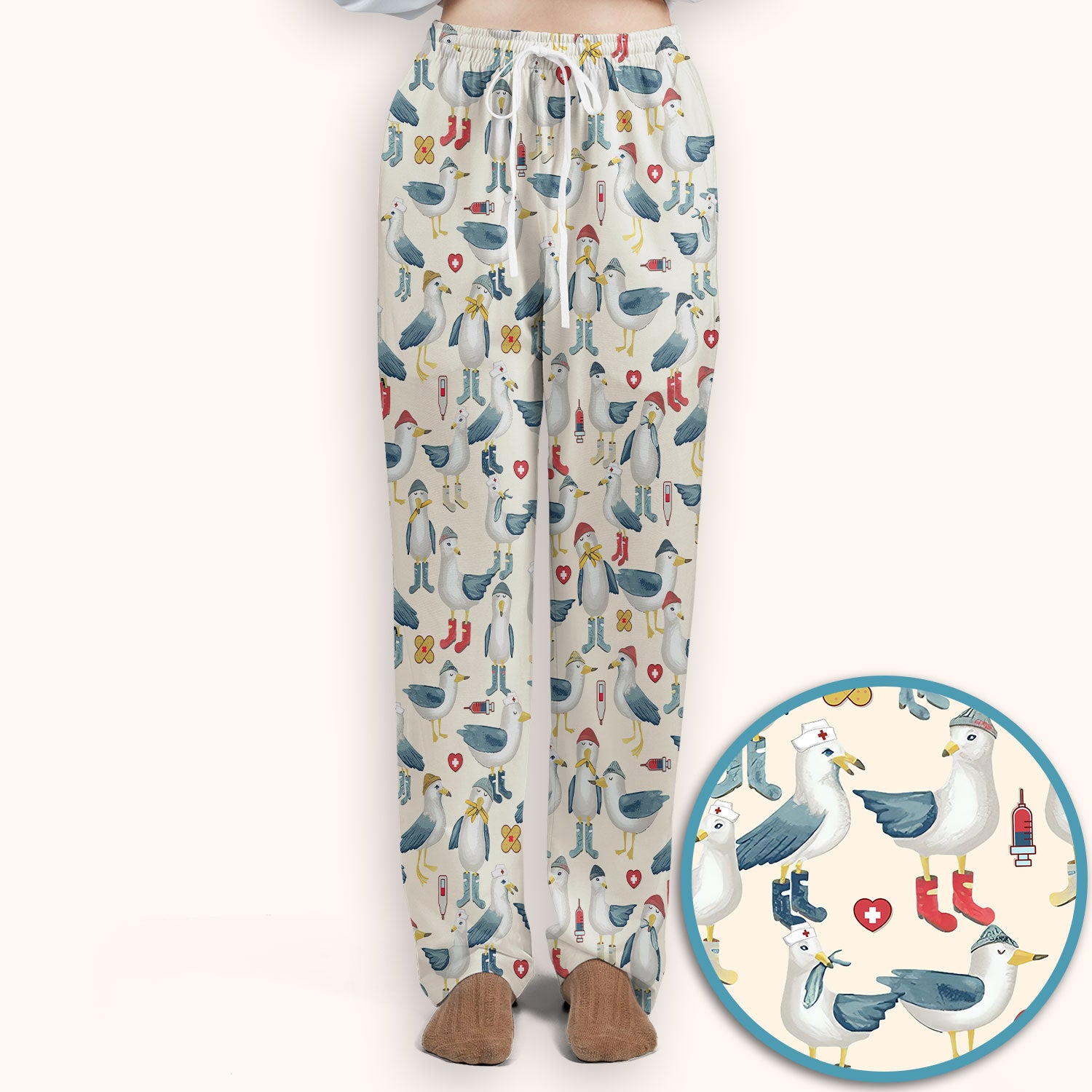 Funny Seagull Nurse Scrub Set - Cute Bird with Medical Icons Scrubs Pants and V Neck Top - Comfortable Scrubs for Women