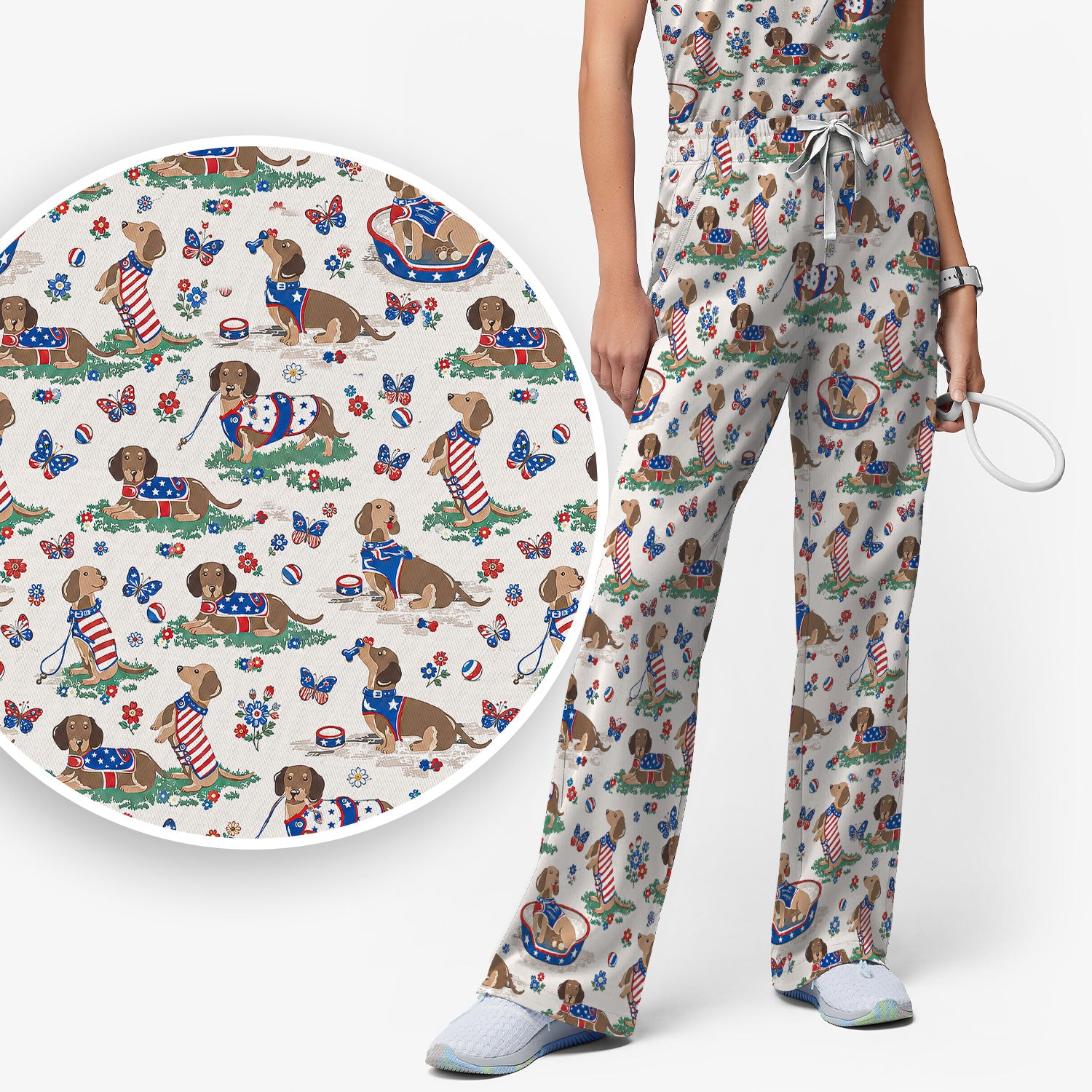 Patriotic Dachshund Garden Party Pattern Scrub Set, Scrub Pants and V Neck Top