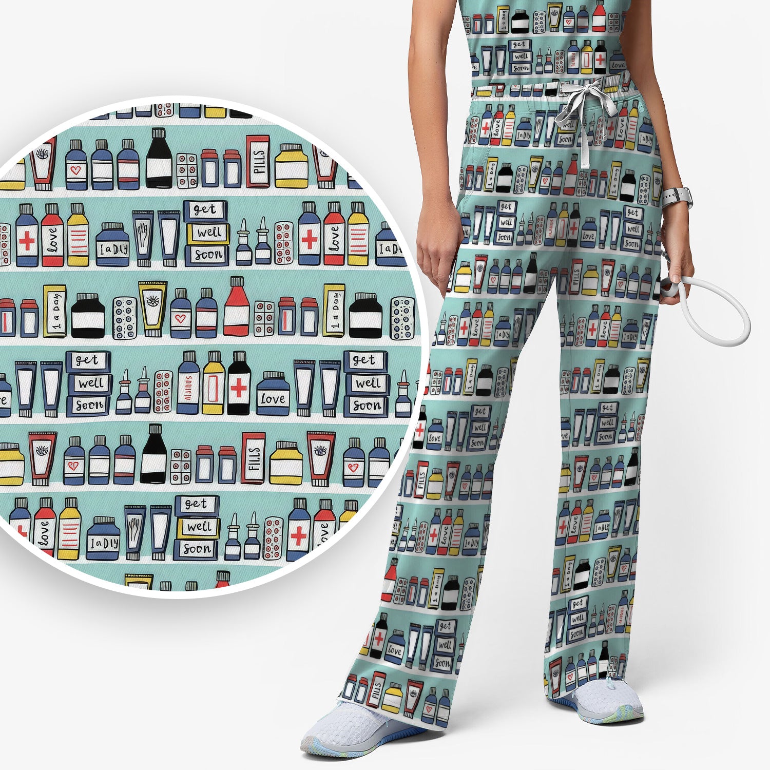 Medicine Bottle Pharmacy Pills Care Pattern Scrub Set, Scrub Pants and V Neck Top