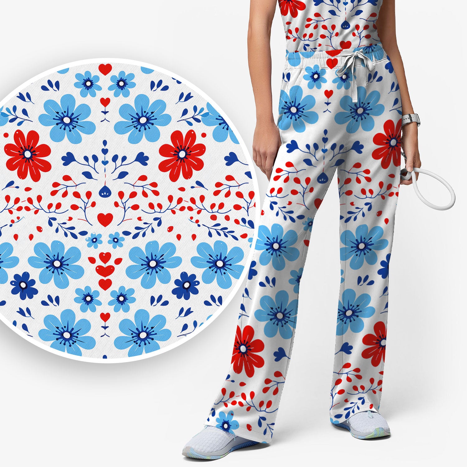 Symmetrical Folk Floral Heart Pattern Scrub Set, Scrub Pants and V Neck Top