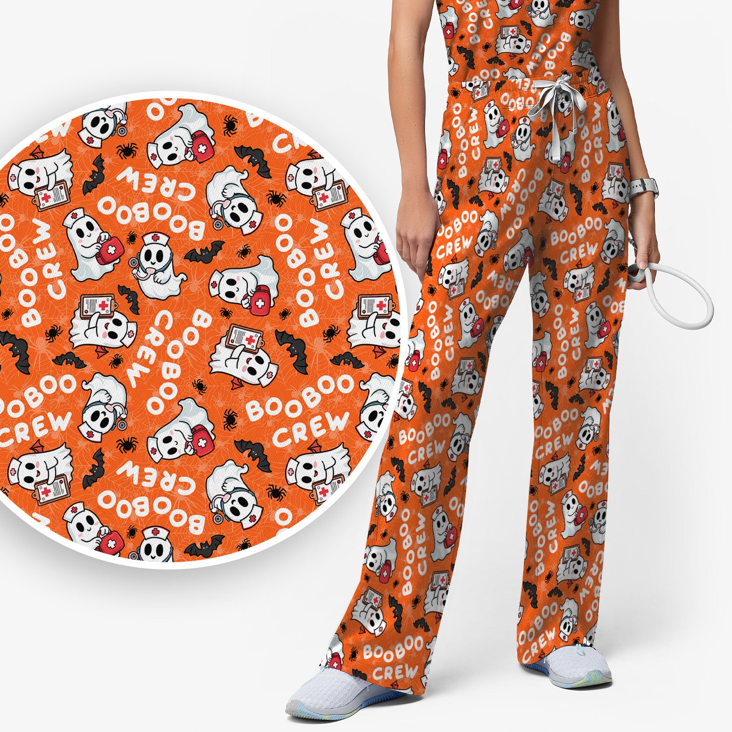 Cute Halloween Boo Boo Crew Ghost Scrub Set, Scrub Pants and V Neck Top