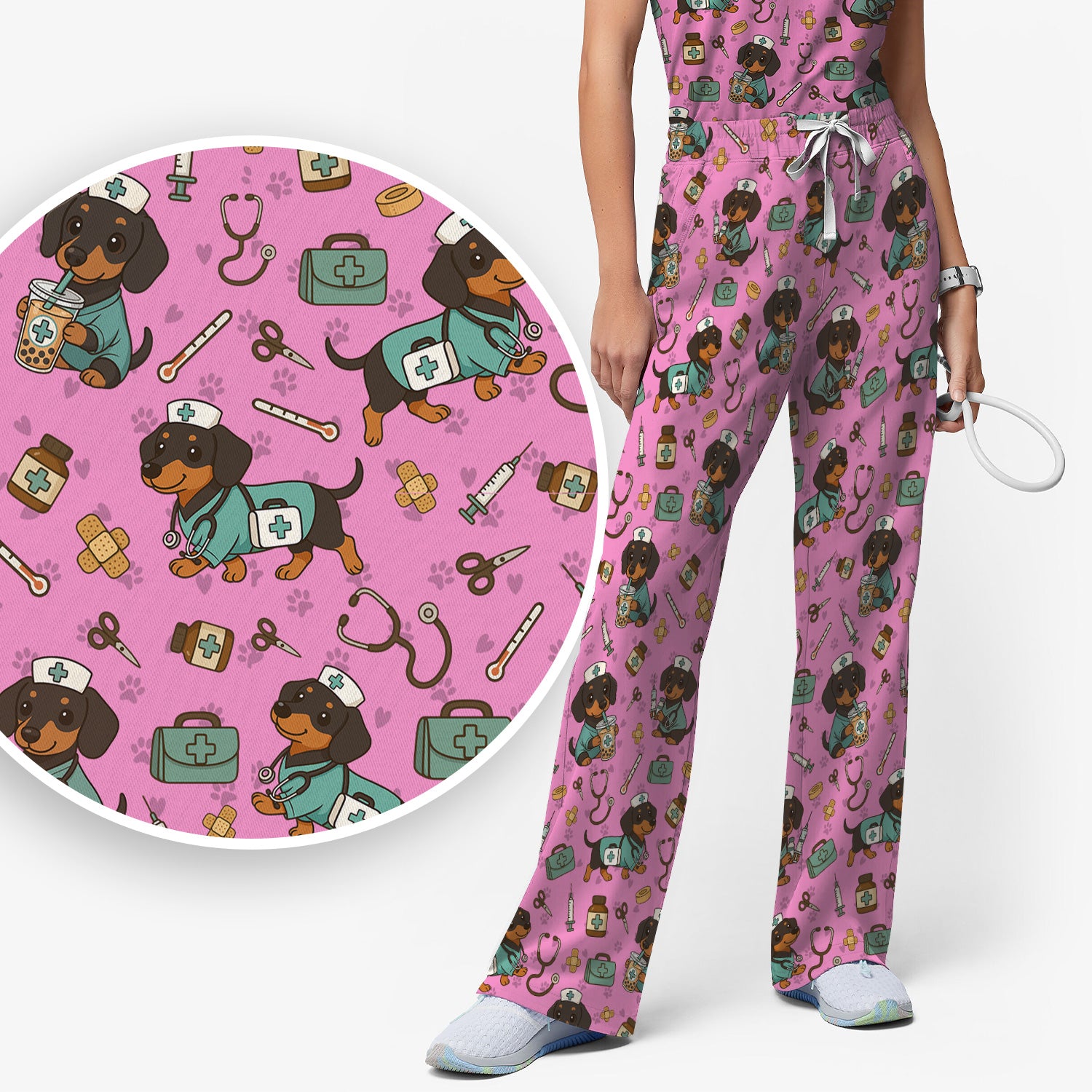Funny Dachshund Nurse Scrubs Set - Cute Dog Print Medical Shirt - Holiday Nurse Scrub Top Gift for RN CNA Doctor, Women & Men