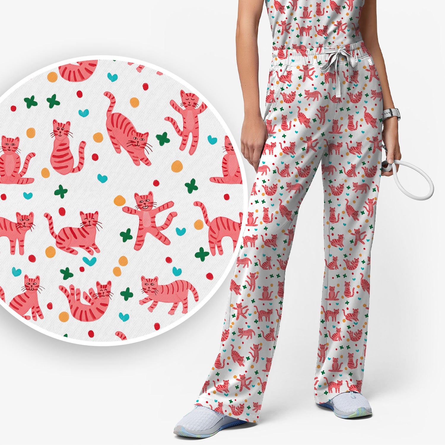 Cute Pink Cat Pattern Women's Scrub Sets, Scrub Pants and V Neck Top