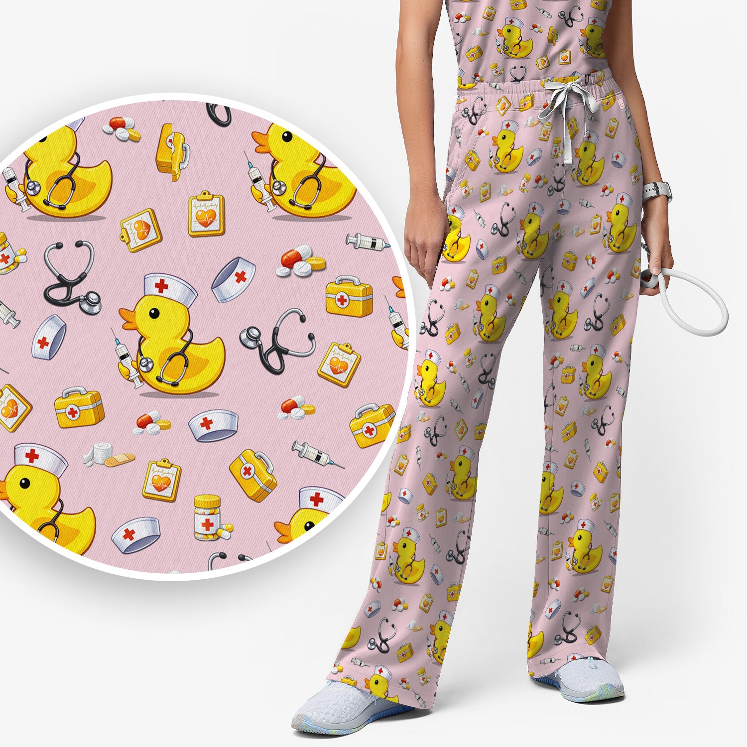 Playful Medical Duck Print Women's Scrub Set, Breathable Med Uniform
