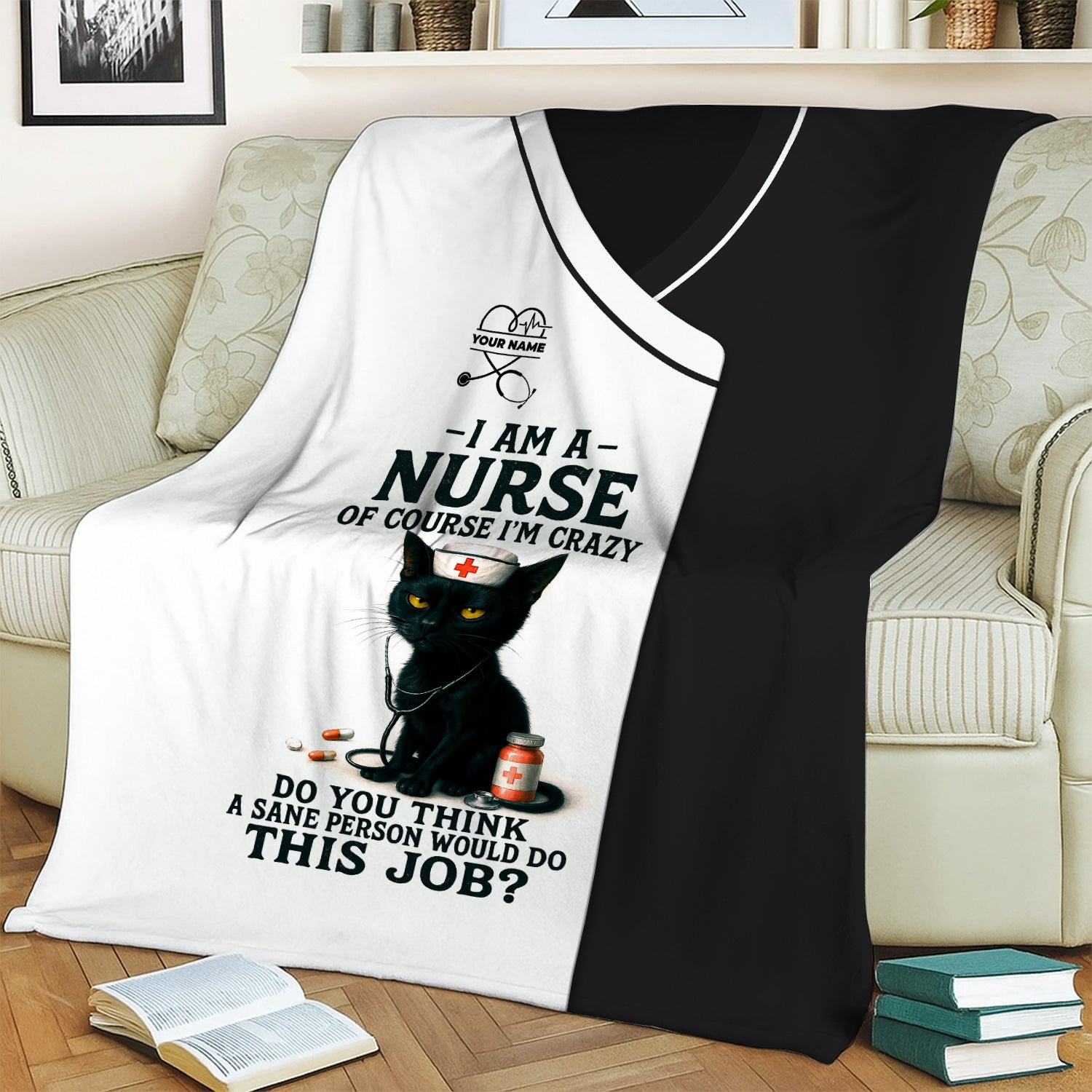 Personalized Funny Nurse Blanket - Black Cat Design with Name - Custom Throw Blanket Gift for Women Nurses