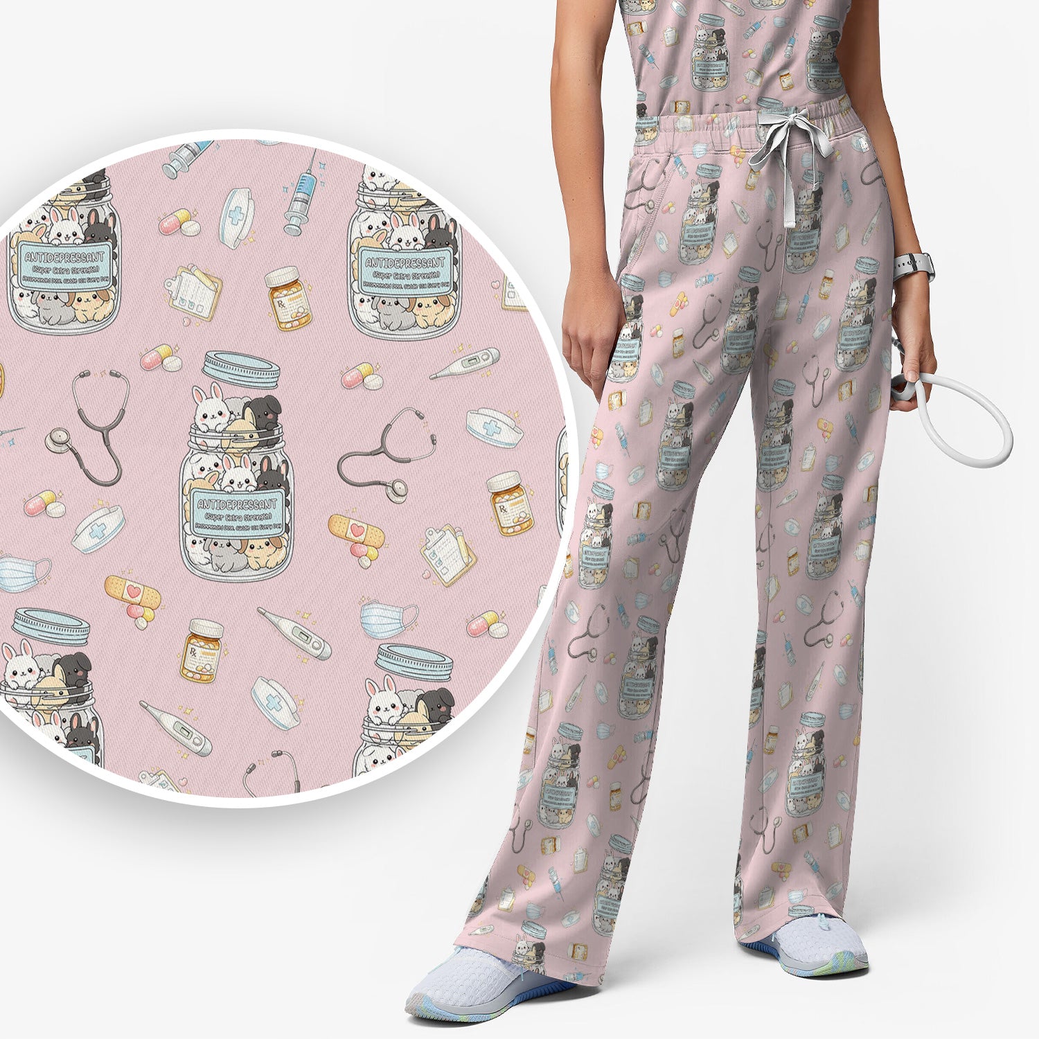 Whimsical Antidepressant Rabbit Jar Design Scrub Set, Scrub Pants and V-Neck Top