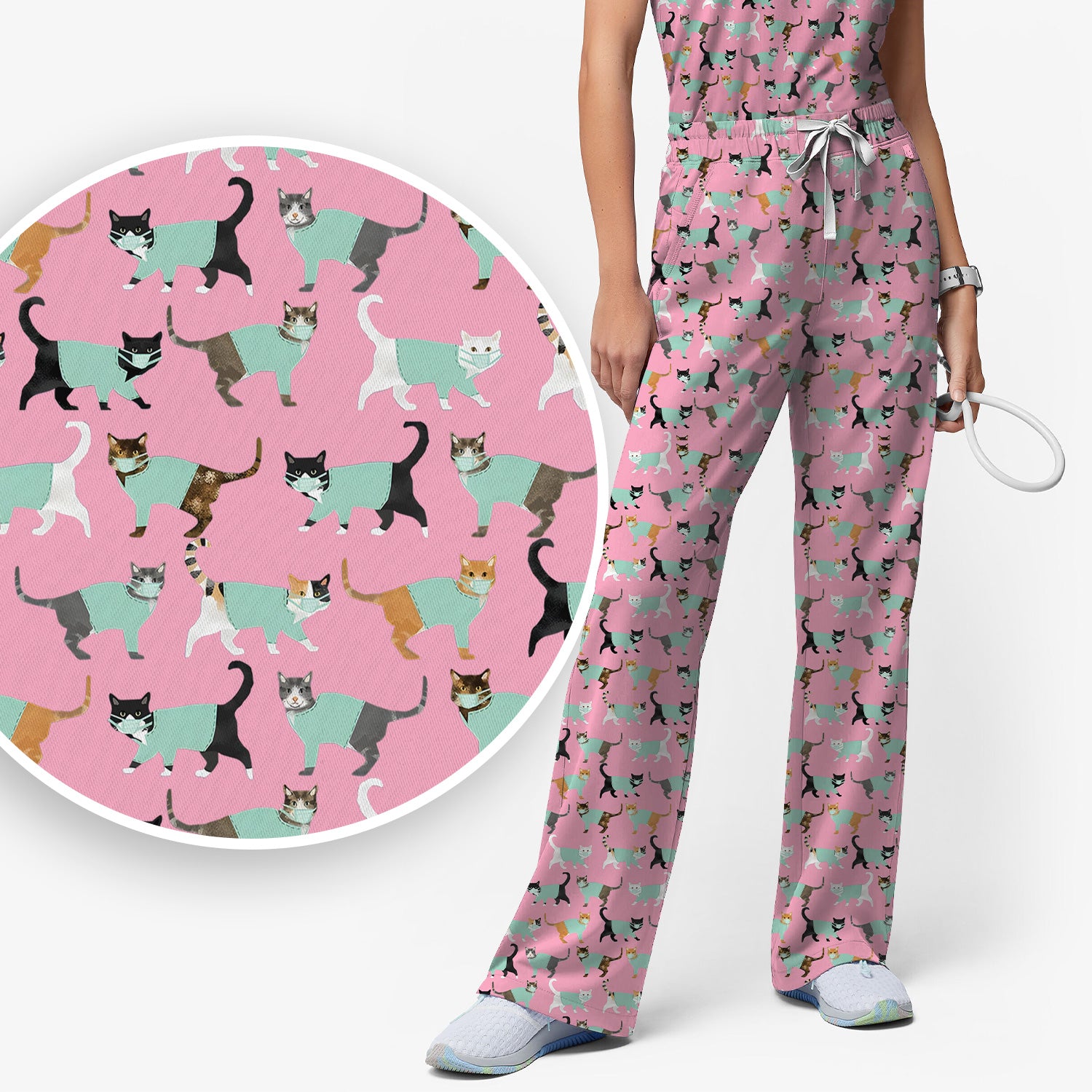Playful Cat Nurse All Over Print Scrub Set, Scrub Pants and V Neck Top