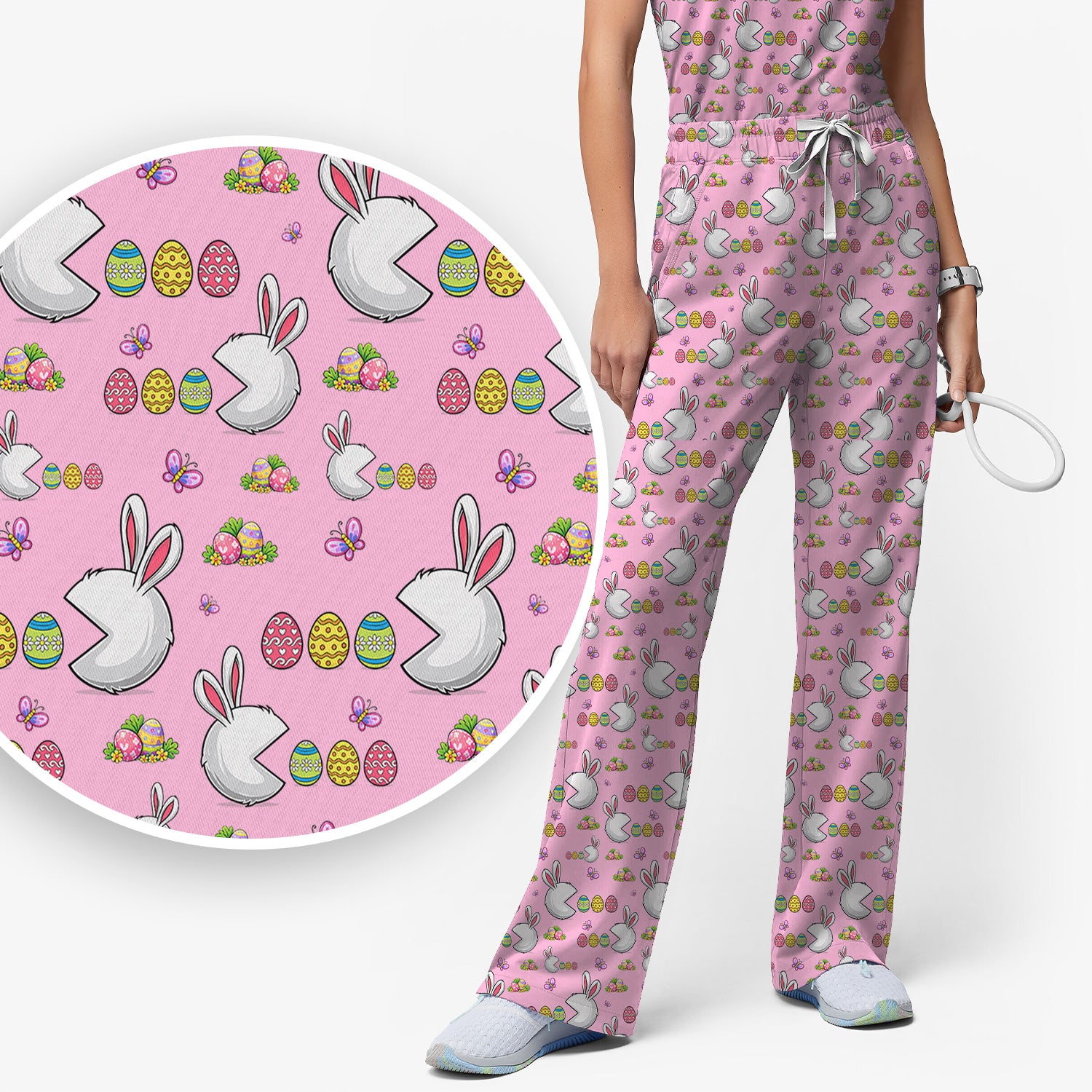 Easter Bunny and Colorful Eggs Print Scrub Set, Breathable Med Uniform