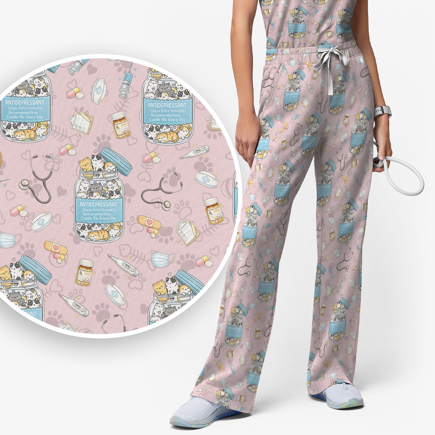 Cute Antidepressant Cat Jar Print Women's Scrub Set, Breathable Med Uniform