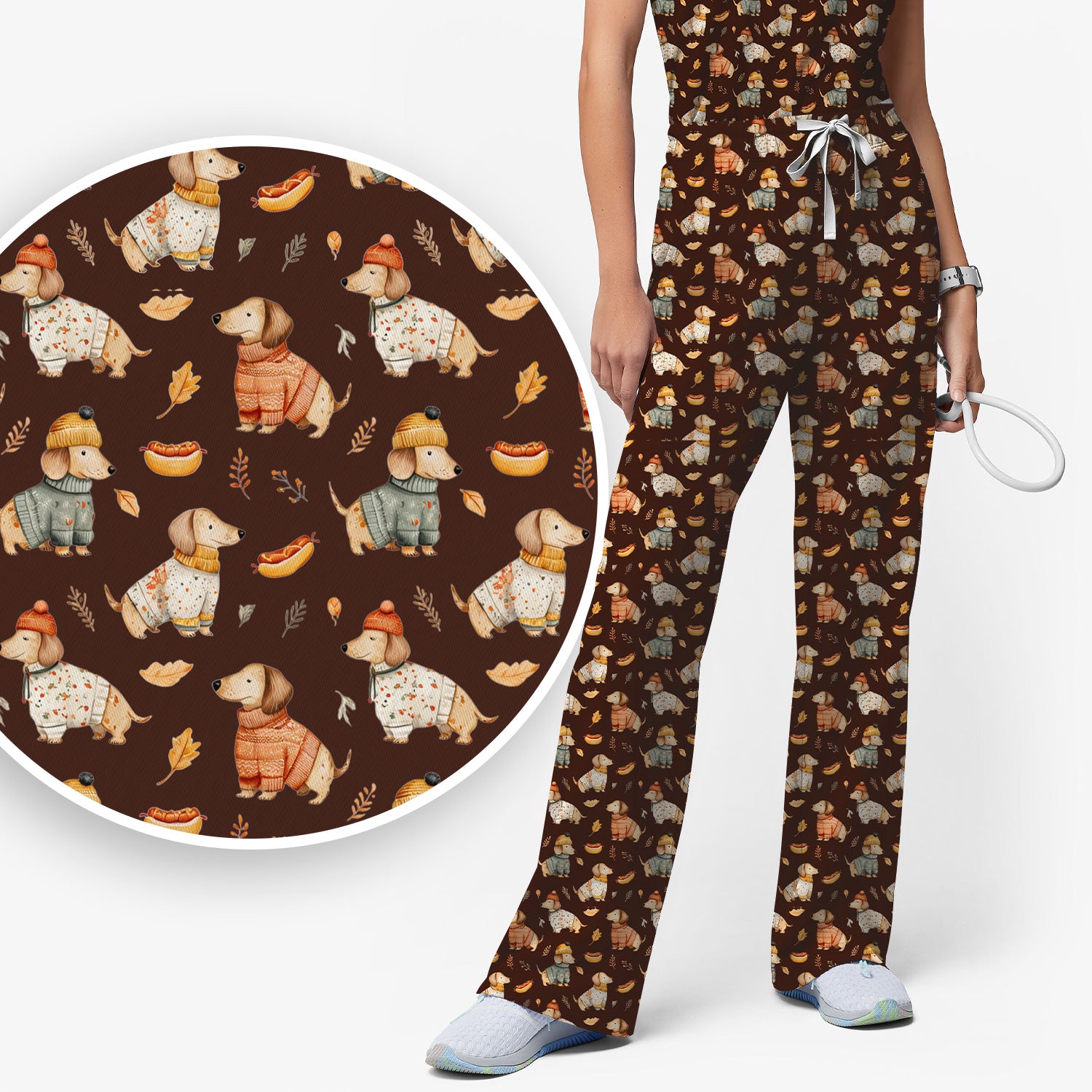 Autumn Dachshund Dog Sweater Print Scrub Set, Breathable Med Uniform