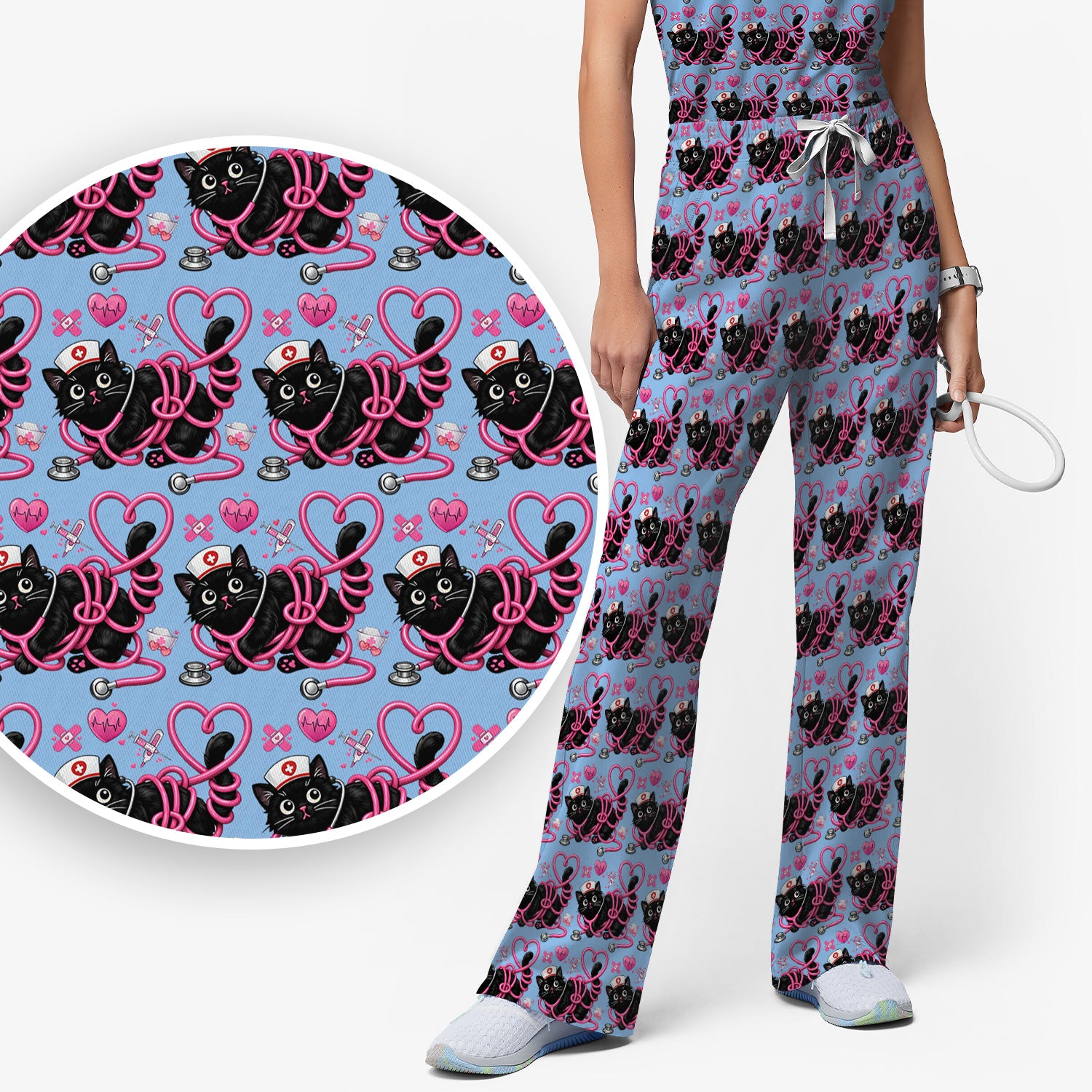 Valentine Cute Cat Nurse Heart Print Women's Scrub Set, Breathable Med Uniform