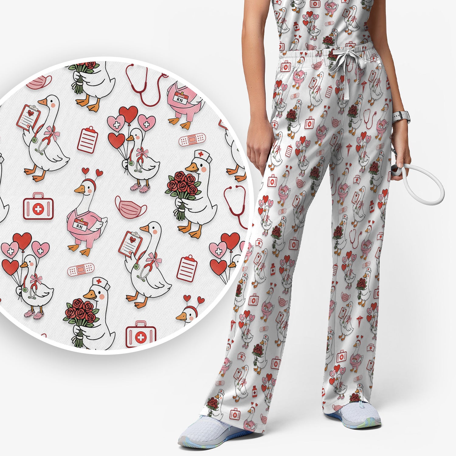 Cute Goose Nurse Medical Pattern Scrub Set, Women's Scrub Sets