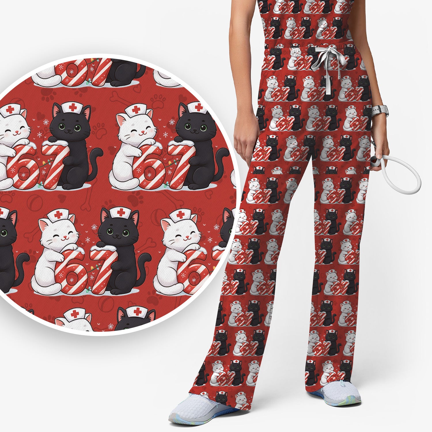 Xmas Cat Pattern Scrub Set, Christmas Nurse Six Seven With Cat Scrub Shirt, Breathable Fabrics Nursing Uniform