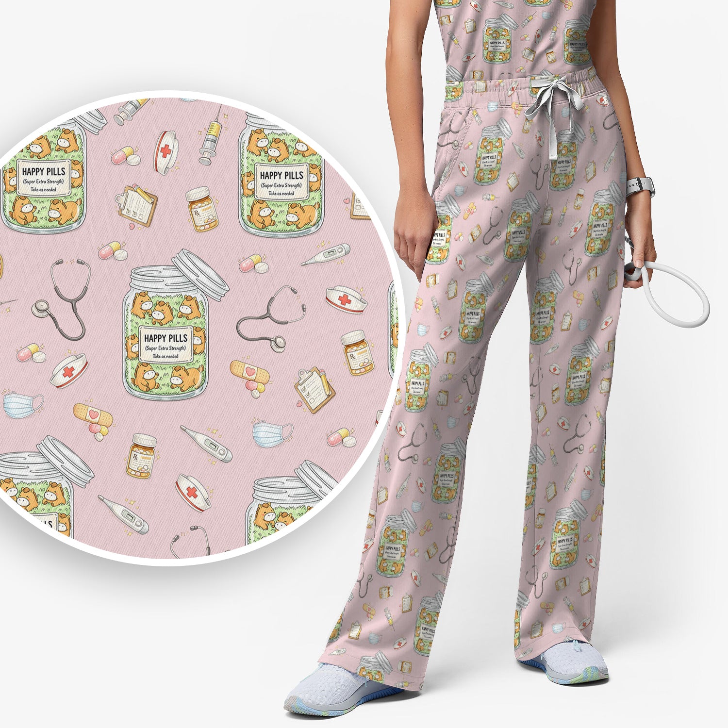 Happy Pills Horse Medical Print Women's Scrub Set, Scrub Pants and V-Neck Top