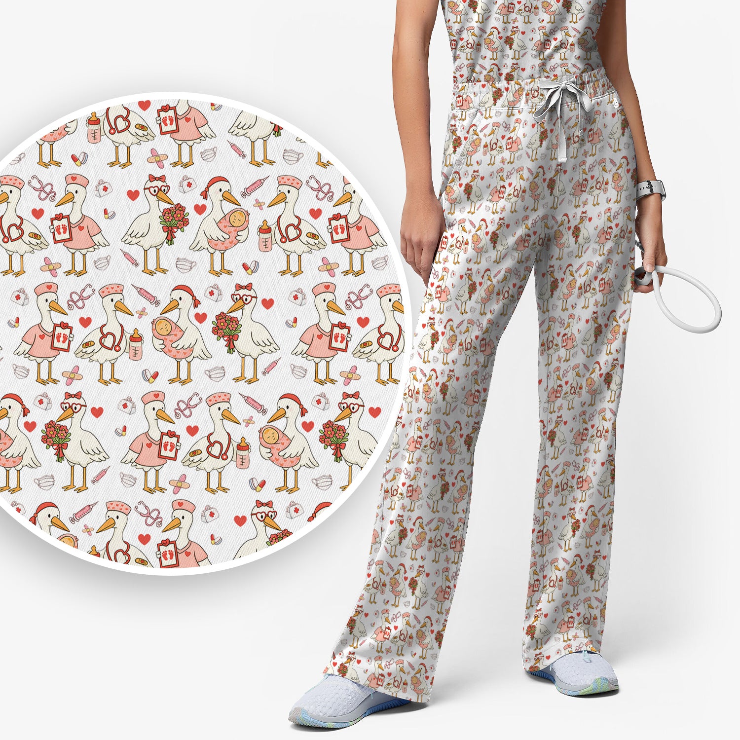 Cute Goose Nurse Valentine Print Scrub Set, Breathable Med Uniform