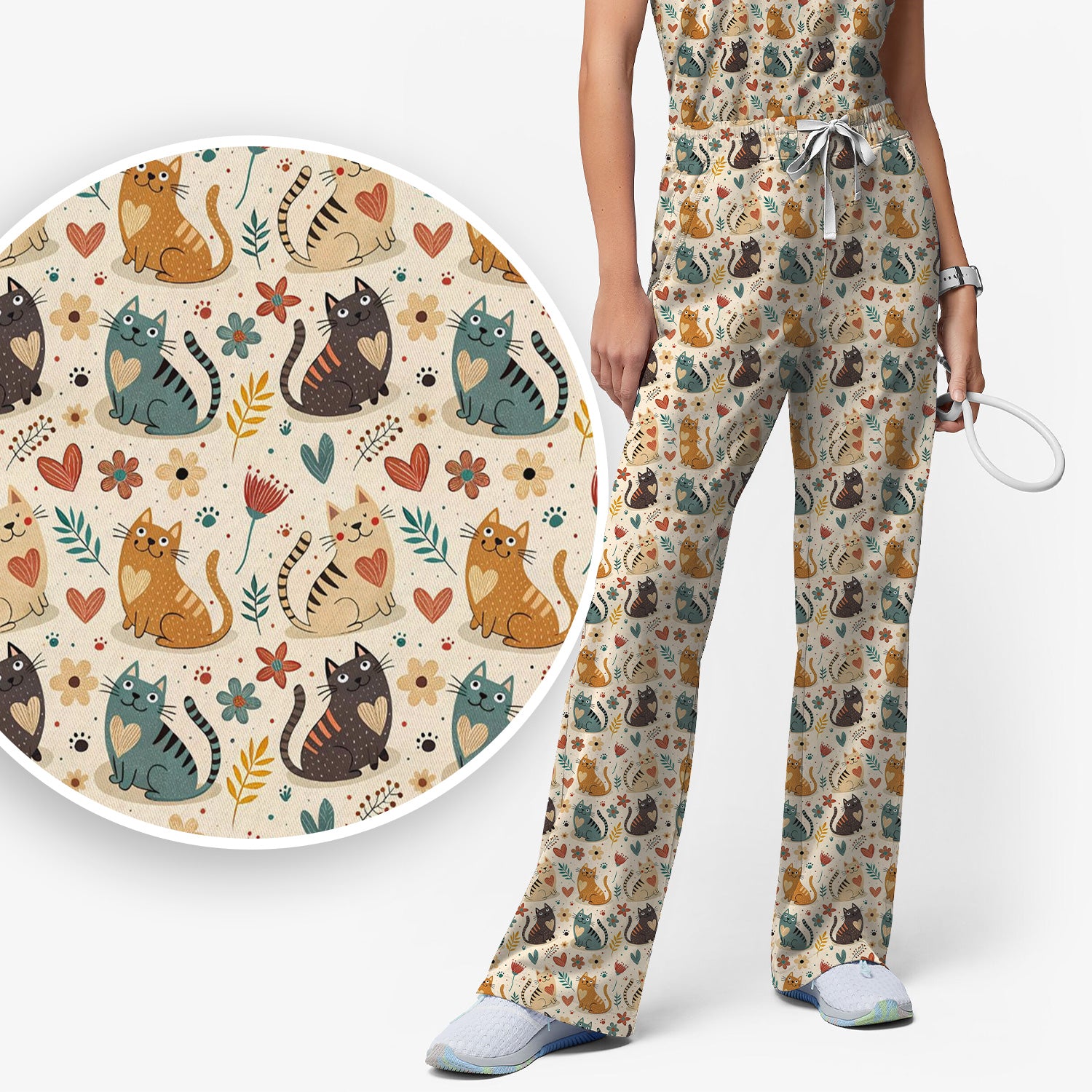 Cute Kitty Print V Neck Scrub Set for Nurses, Floral Medical Uniform