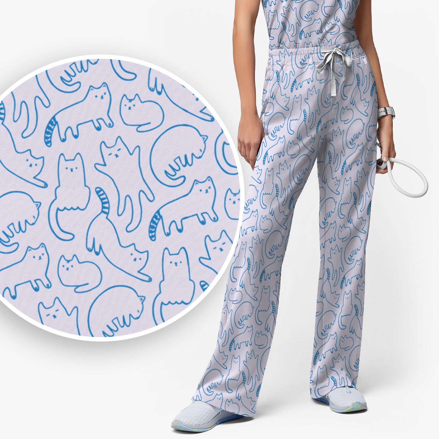 Artistic Cat Pattern Medical Scrub Set, Breathable Fabrics Nursing Uniform