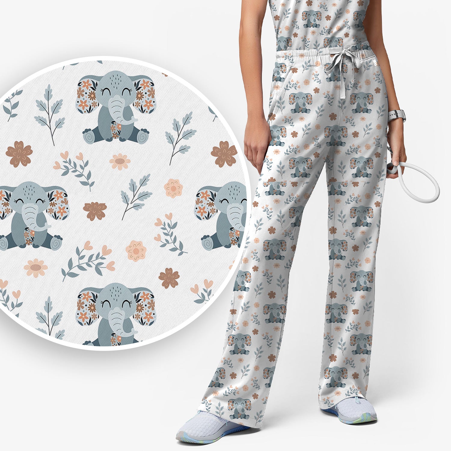 Cute Elephant Floral Print Scrub Set, Scrub Pants and V Neck Top