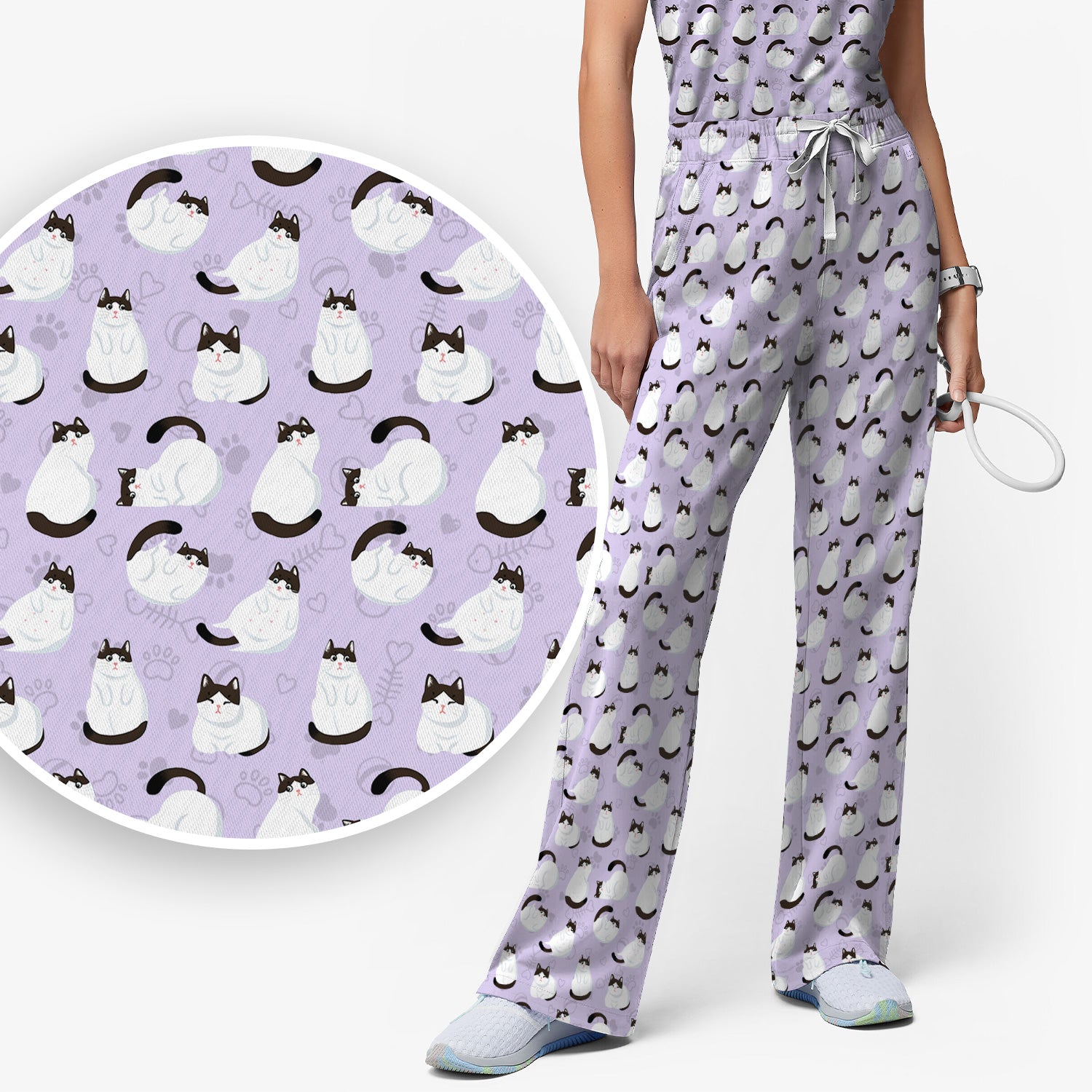 Cute Cat Pattern Medical Scrub Set, Breathable Fabrics Nursing Uniform