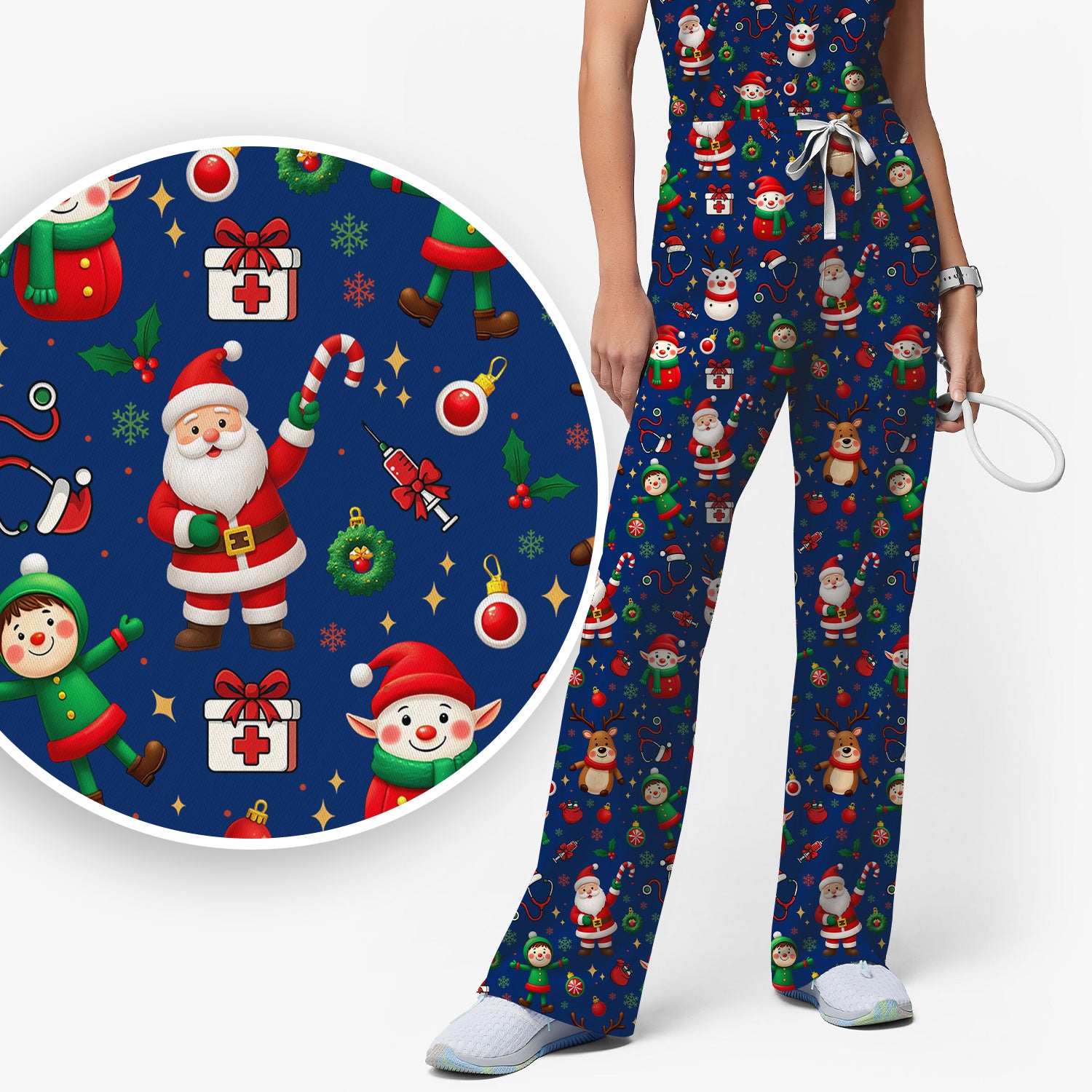Christmas Comfortable Scrubs for Nurses - Cute Santa Reindeer Scrubs Pants and V Neck Top - Festive Holiday Med Uniform for Women