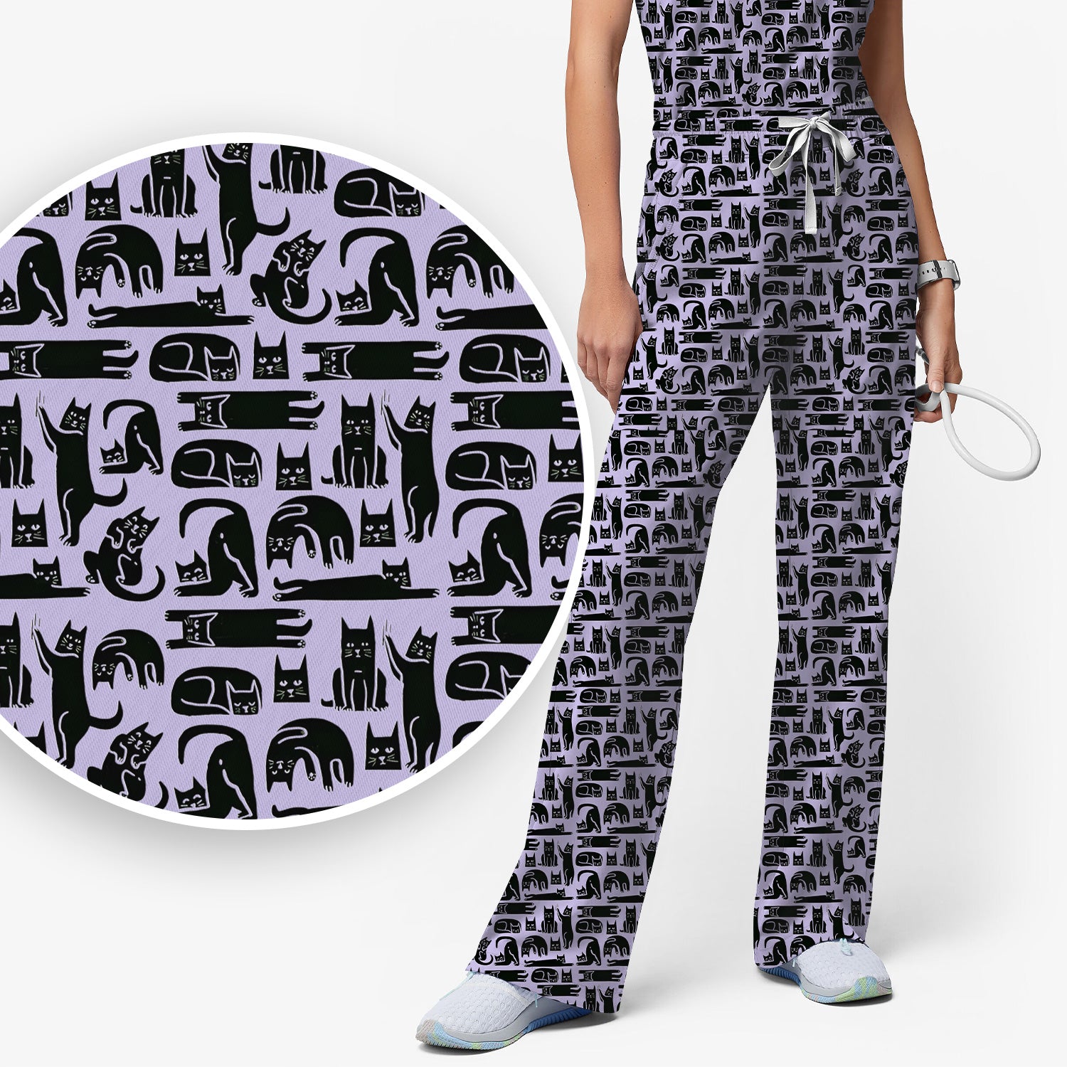 Cute Funny Cat Poses Print Scrub Sets, Scrub Pants and V Neck Top