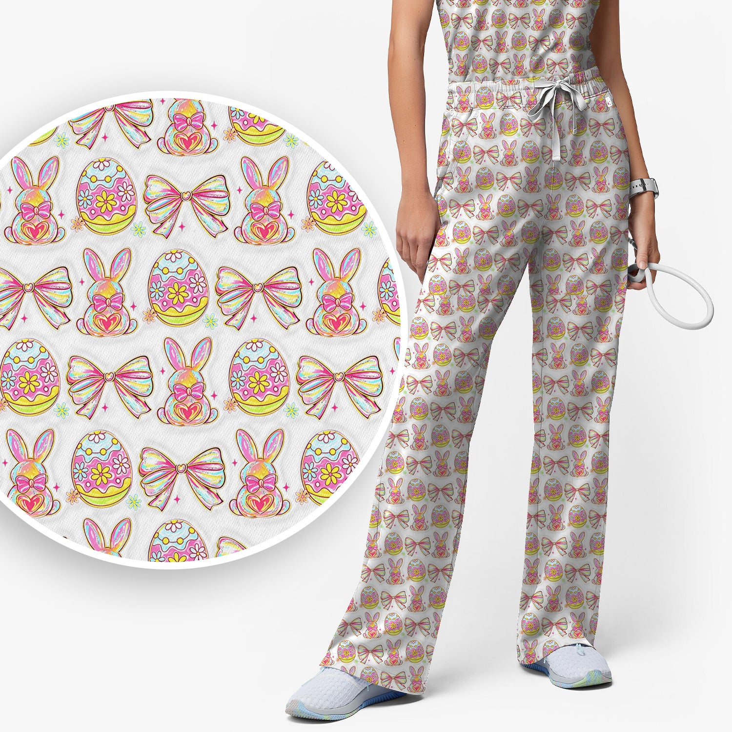 Easter Bunny Pastel Egg Bow Pattern Scrub Set, Breathable Med Uniform